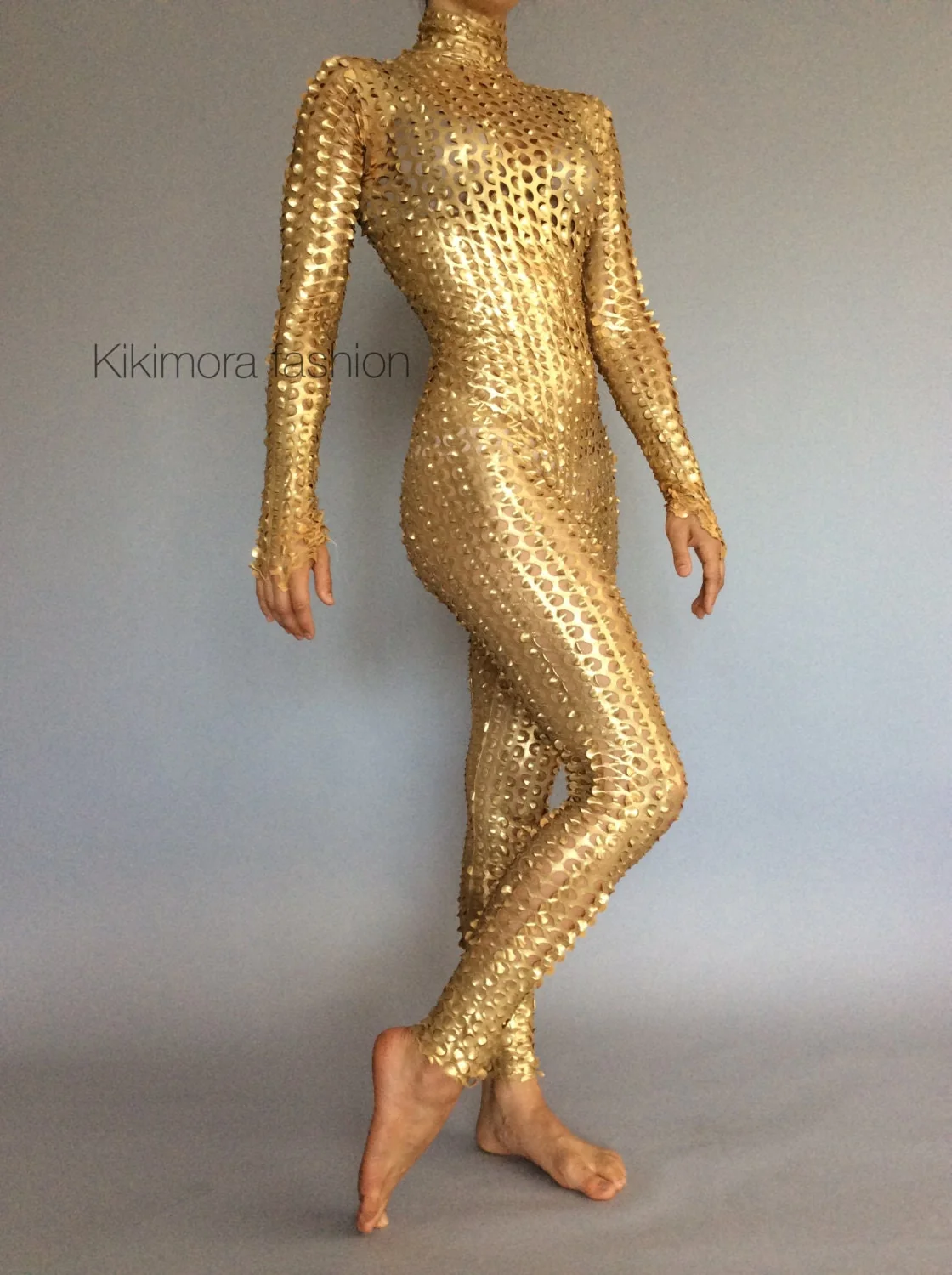 Metallic Gold Spiky Catsuit, Futuristic Robot Spandex Jumpsuit, Full Body Stretch Bodysuit with 3D Texture, Shiny Performance Wear - Image 3