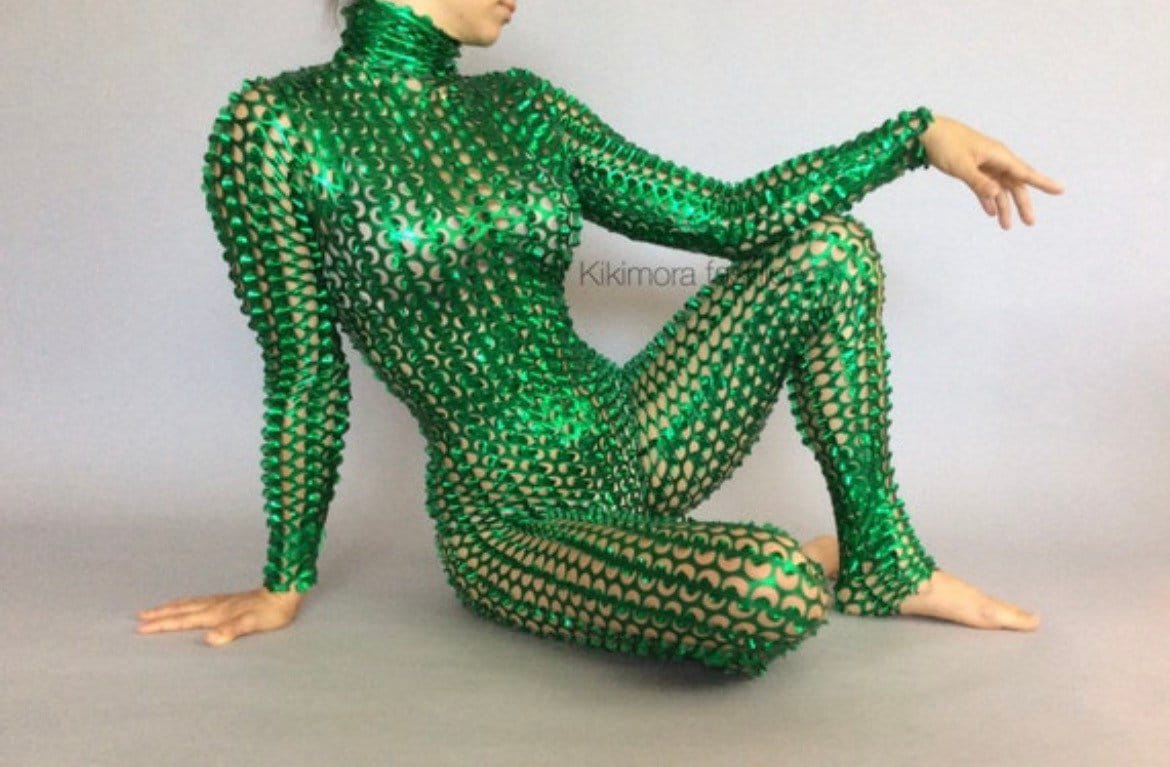 Metallic Gold Spiky Catsuit, Futuristic Robot Spandex Jumpsuit, Full Body Stretch Bodysuit with 3D Texture, Shiny Performance Wear - Image 7