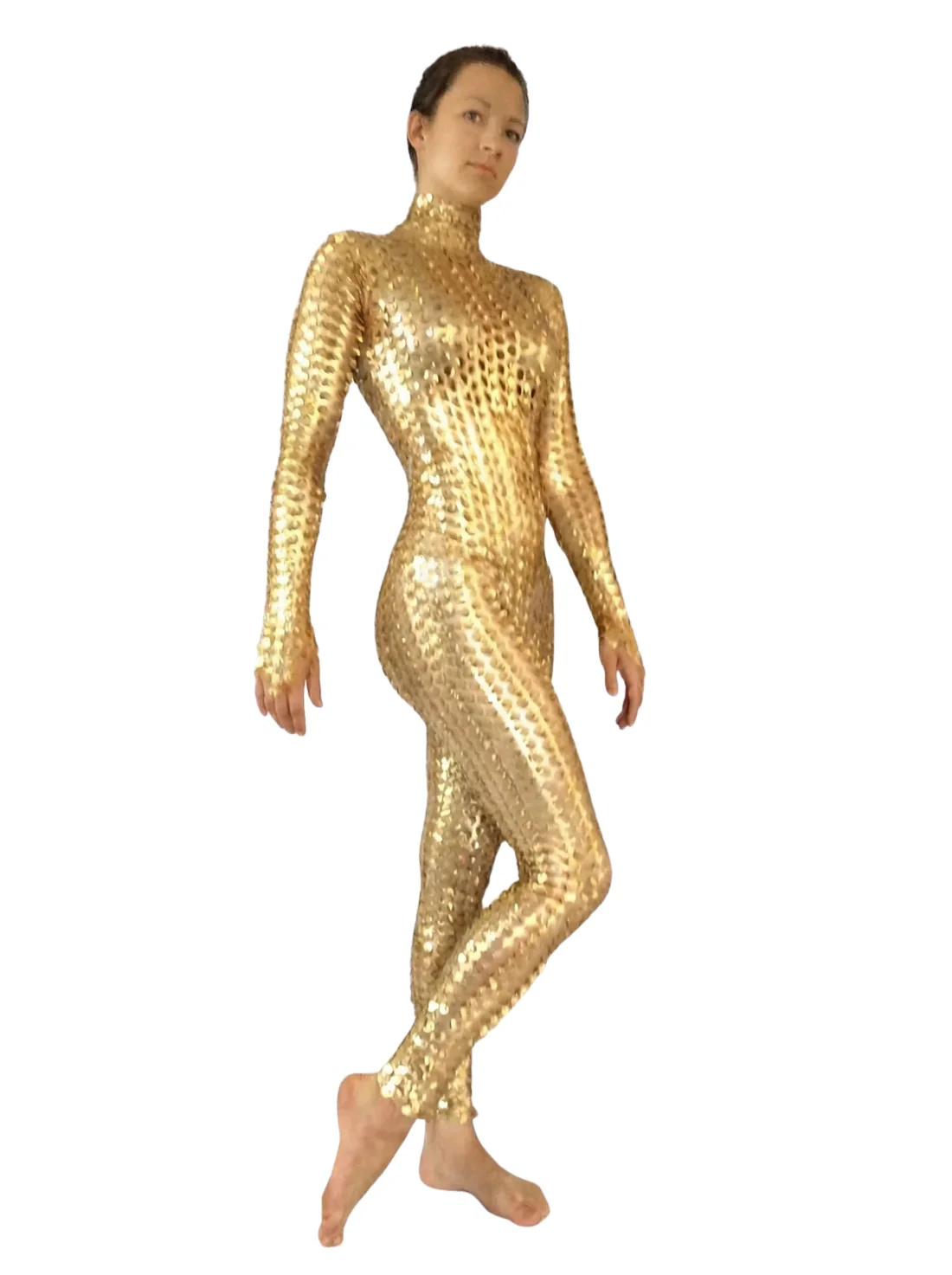 Metallic Gold Spiky Catsuit, Futuristic Robot Spandex Jumpsuit, Full Body Stretch Bodysuit with 3D Texture, Shiny Performance Wear - Image 8