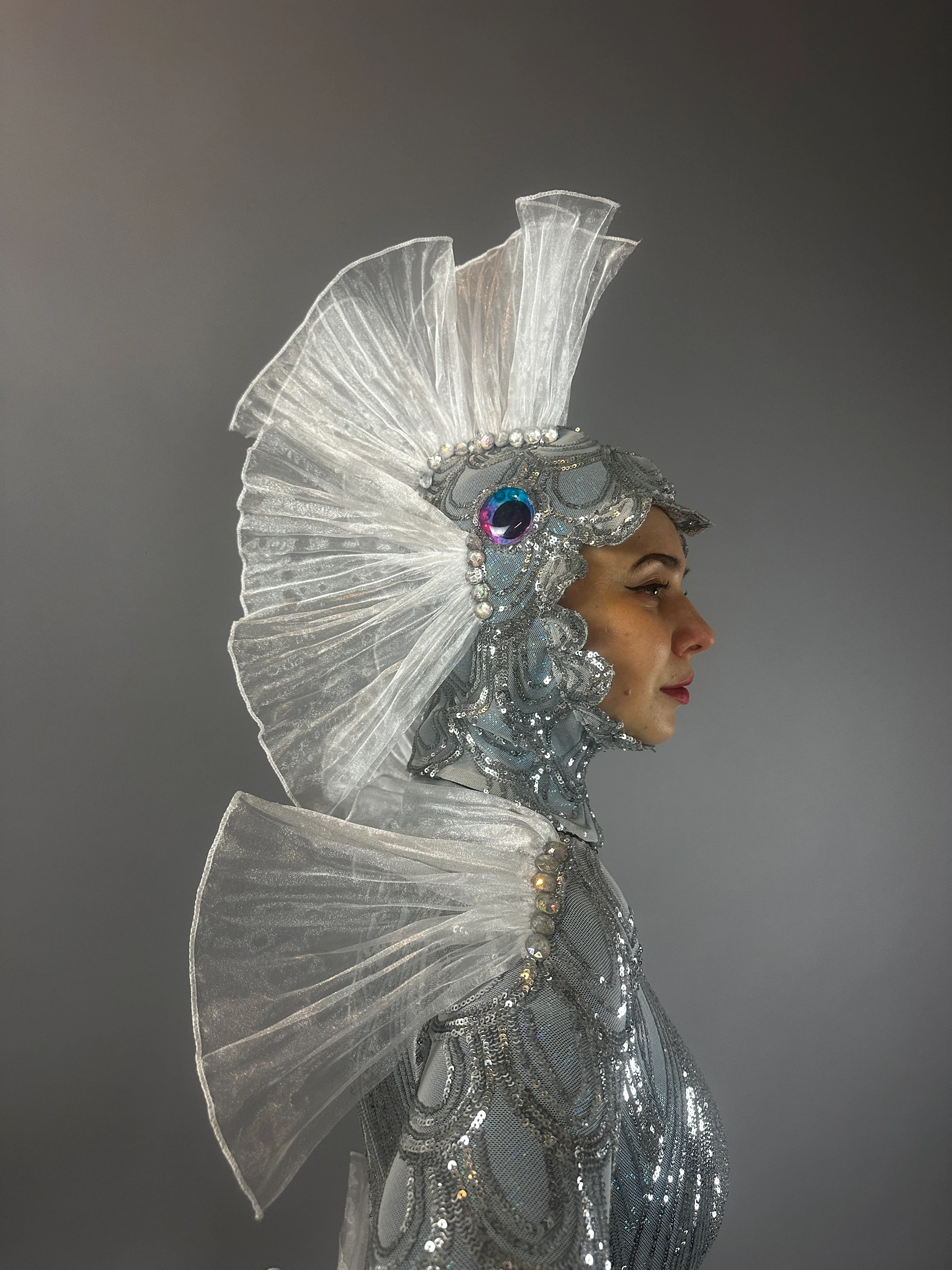 Silver Sequin Fish Costume, Sea Creature Theatrical Spandex Stage Performance Catsuit