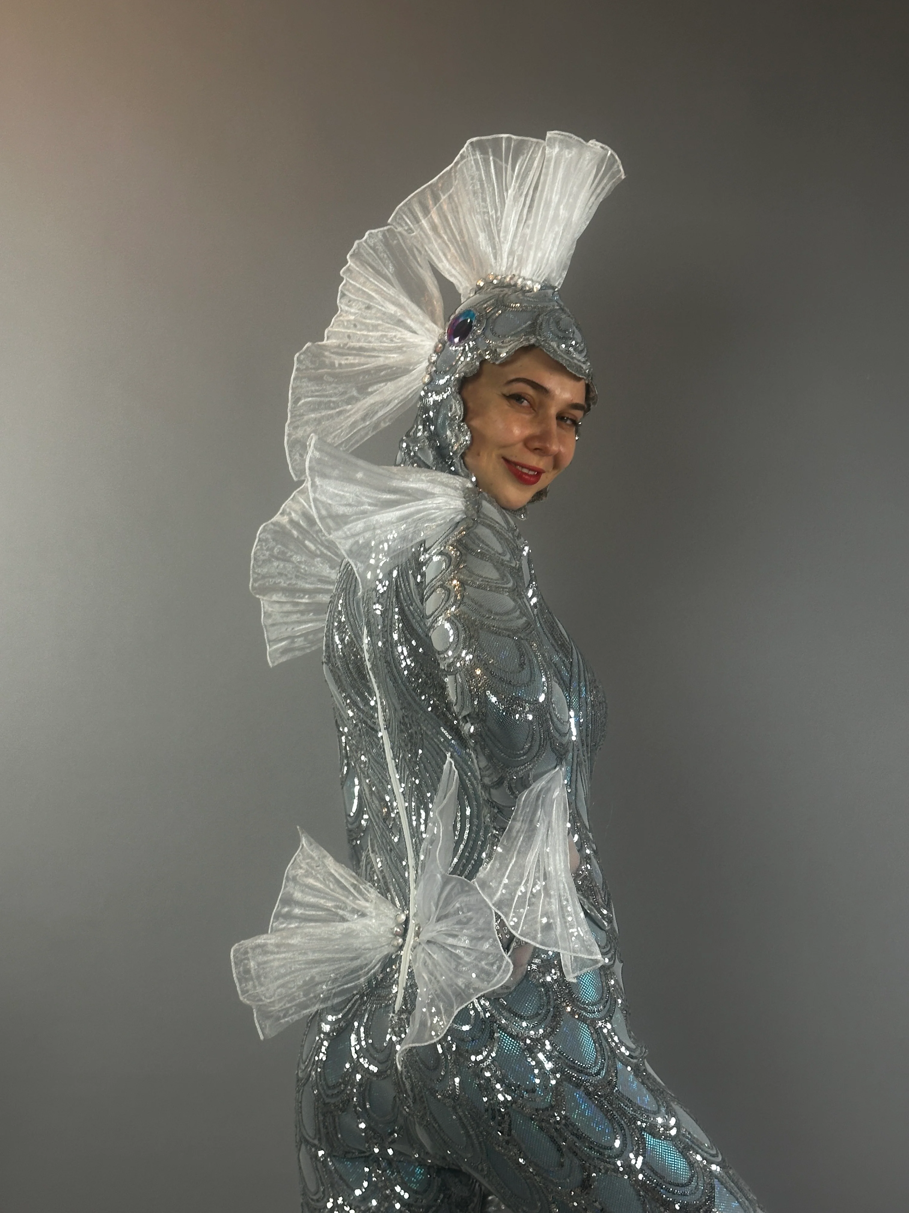 Silver Sequin Fish Costume, Sea Creature Theatrical Spandex Stage Performance Catsuit - Image 14