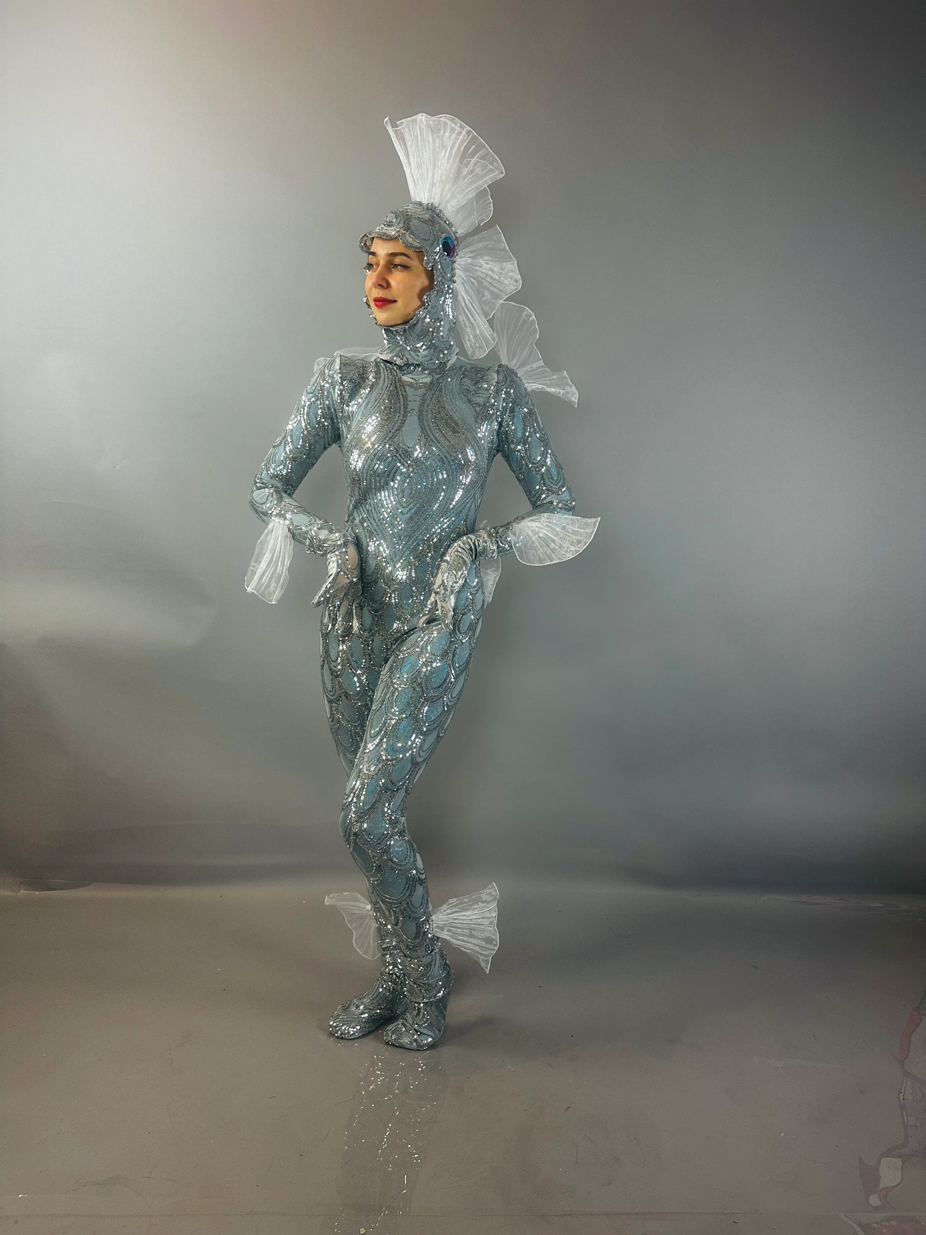 Silver Sequin Fish Costume, Sea Creature Theatrical Spandex Stage Performance Catsuit - Image 15