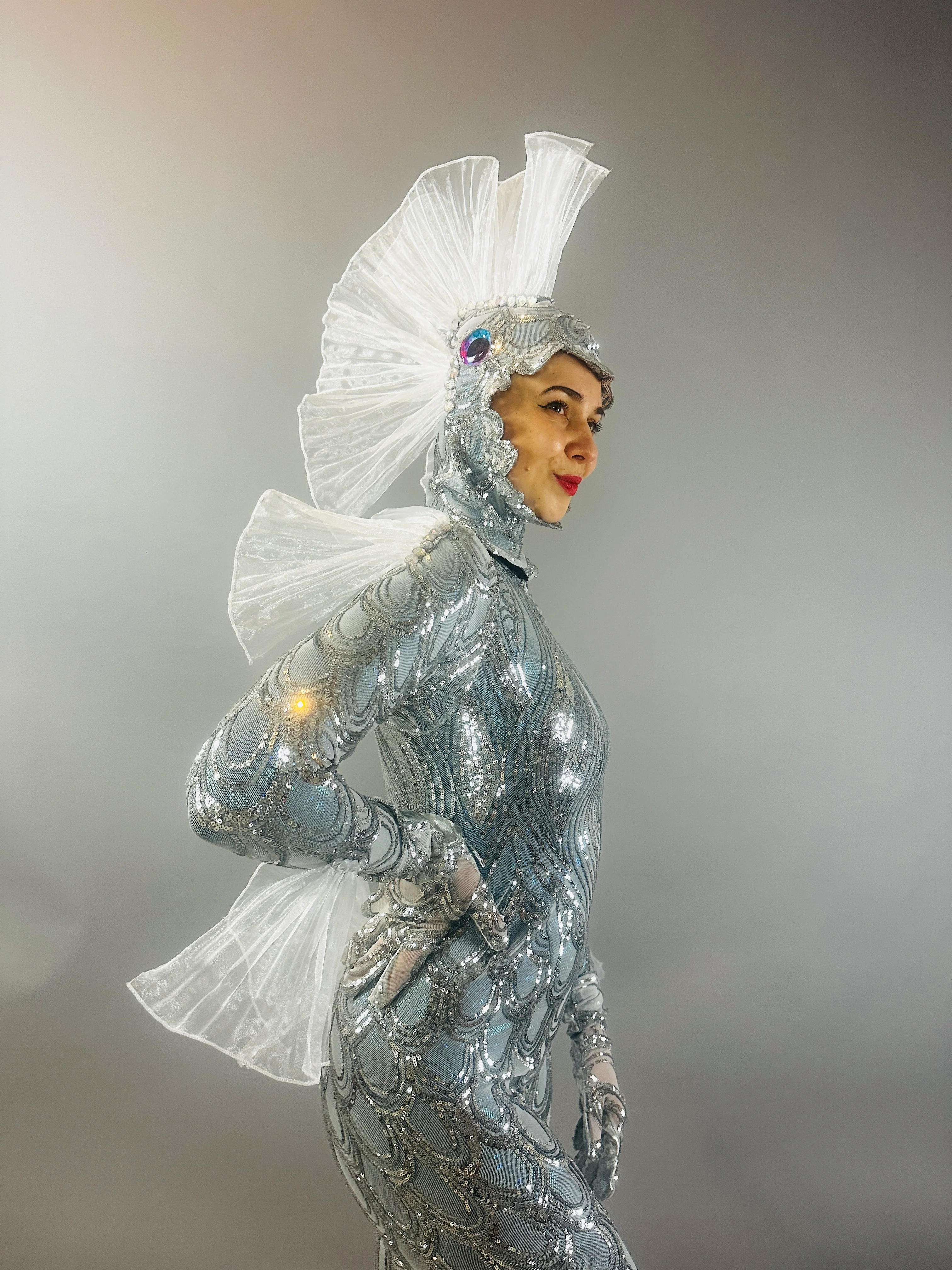 Silver Sequin Fish Costume, Sea Creature Theatrical Spandex Stage Performance Catsuit - Image 3