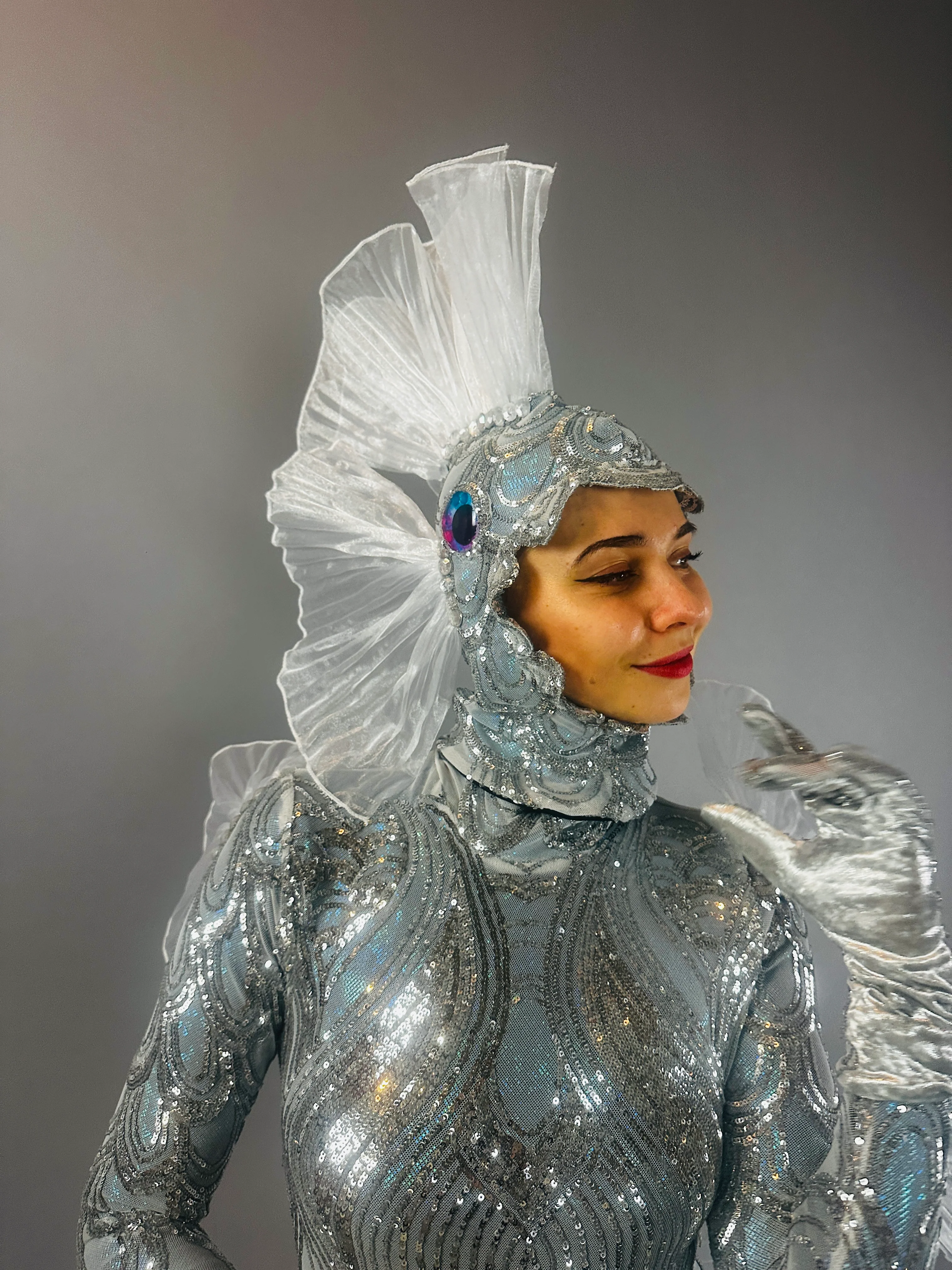 Silver Sequin Fish Costume, Sea Creature Theatrical Spandex Stage Performance Catsuit - Image 4