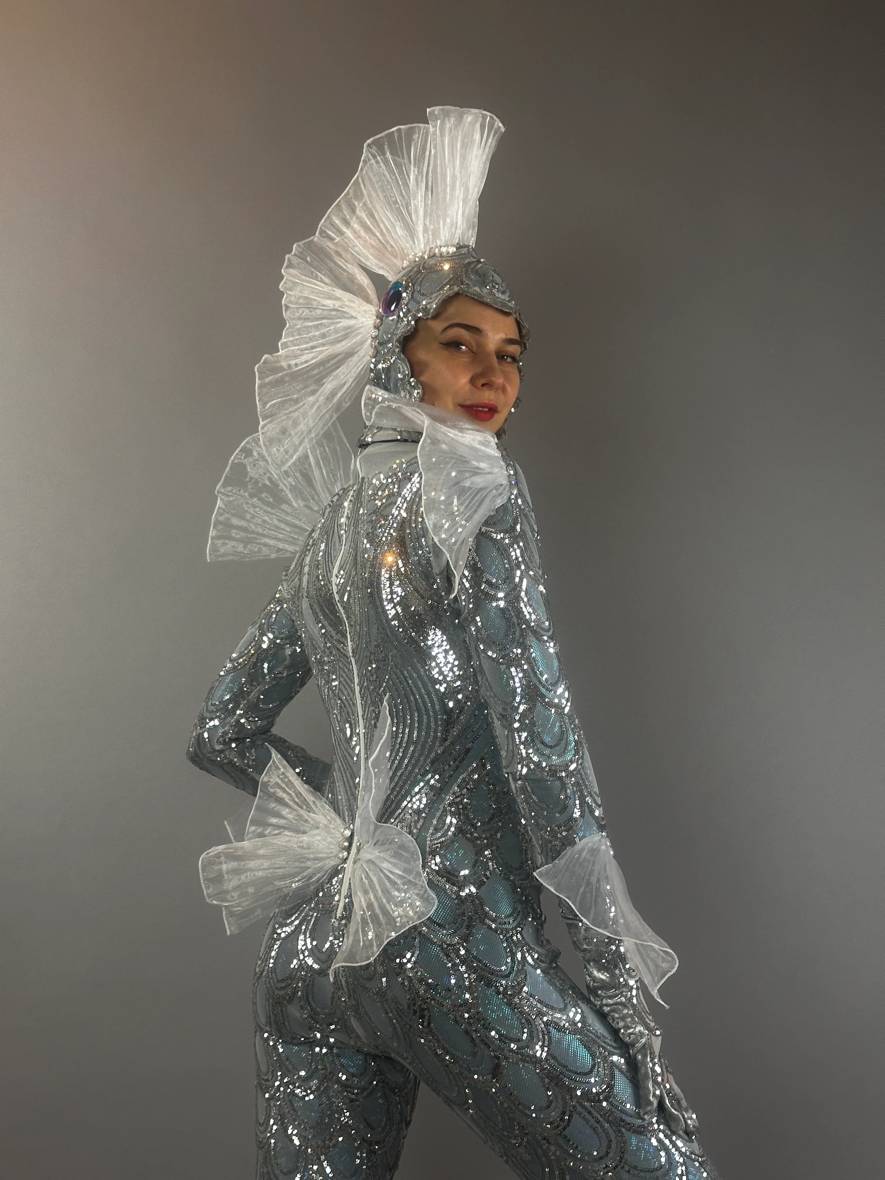 Silver Sequin Fish Costume, Sea Creature Theatrical Spandex Stage Performance Catsuit - Image 6