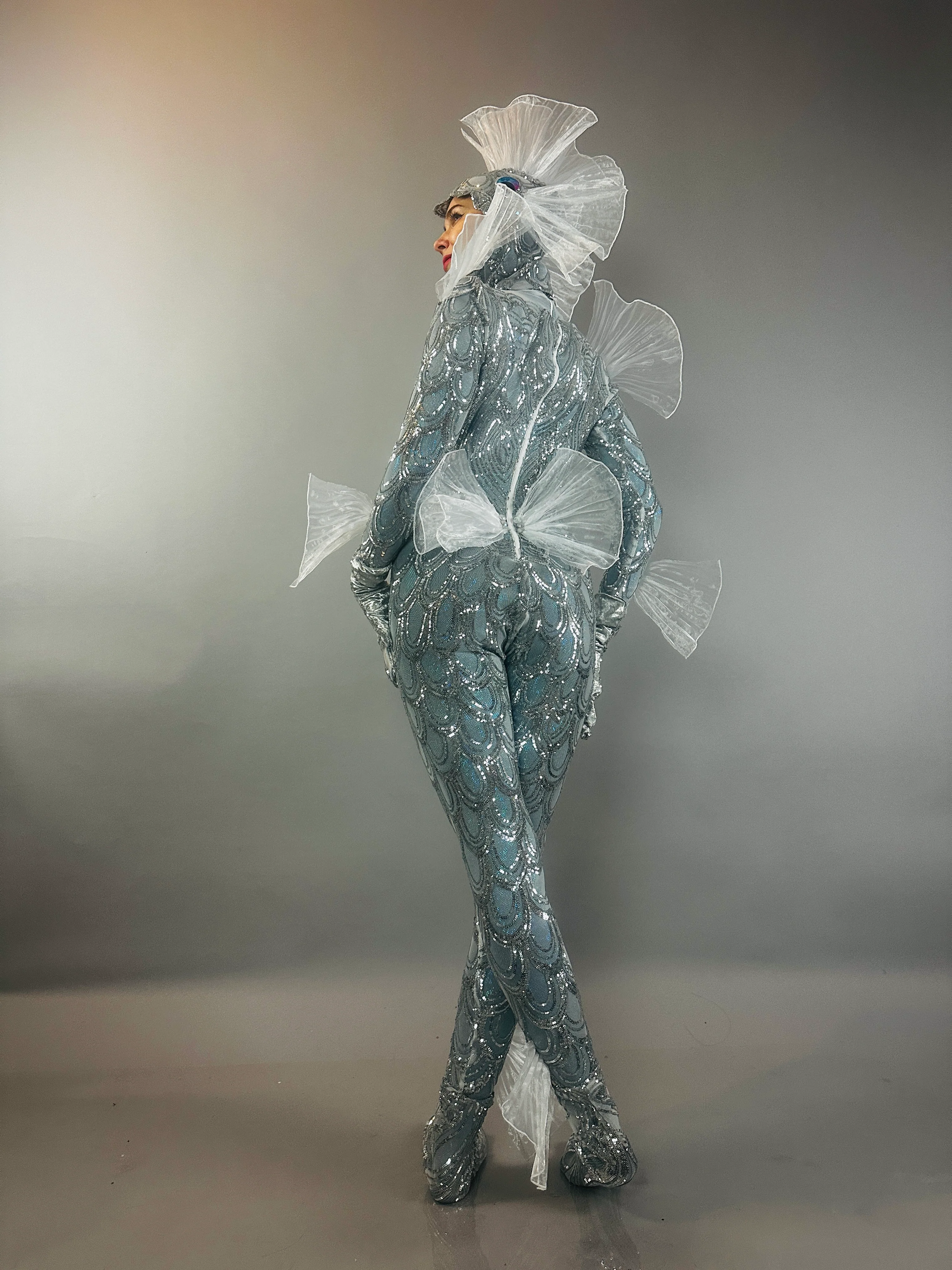 Silver Sequin Fish Costume, Sea Creature Theatrical Spandex Stage Performance Catsuit - Image 7