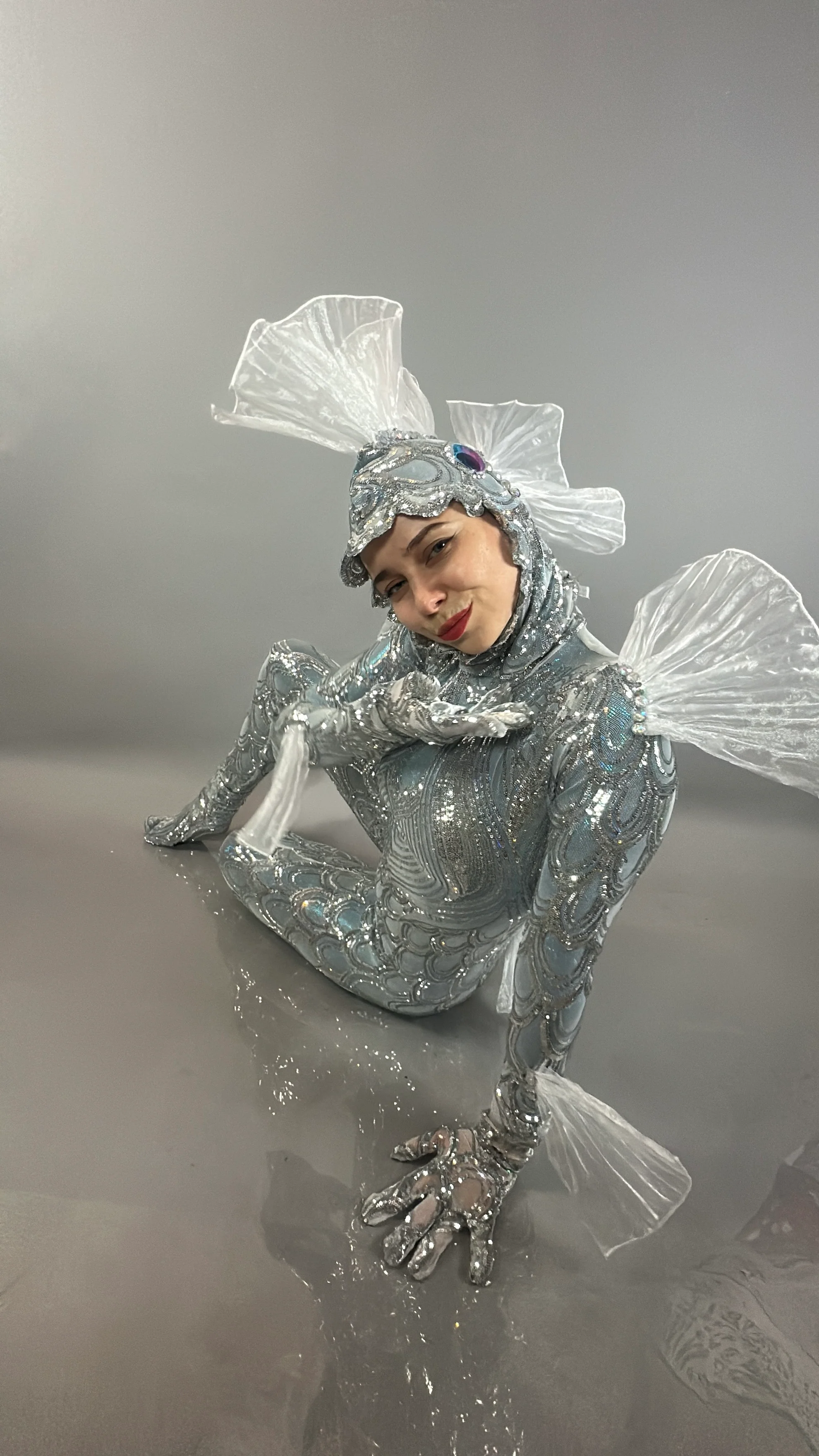 Silver Sequin Fish Costume, Sea Creature Theatrical Spandex Stage Performance Catsuit - Image 9