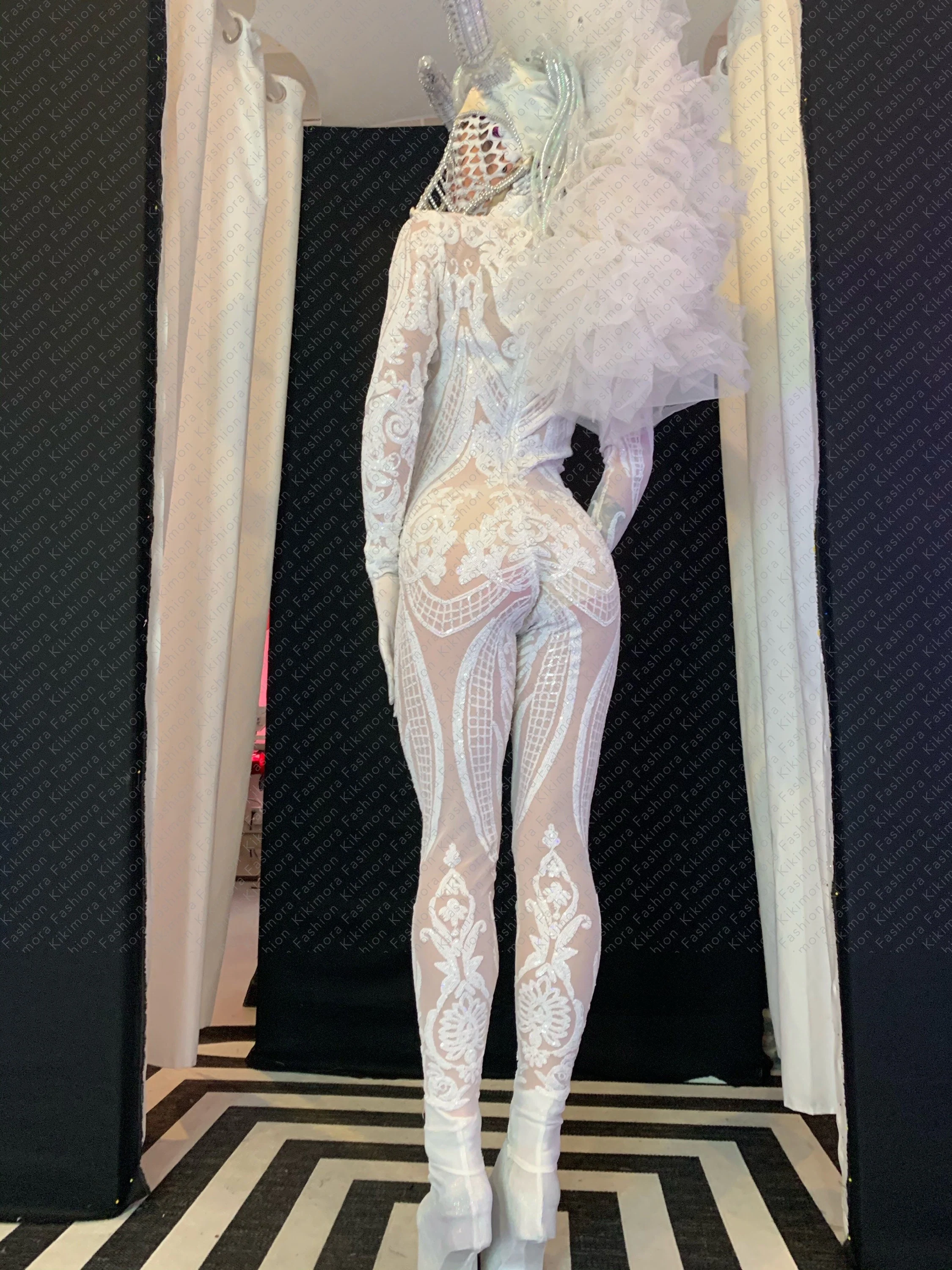 White Floral Catsuit, Turtleneck, Full Sleeves - Image 4