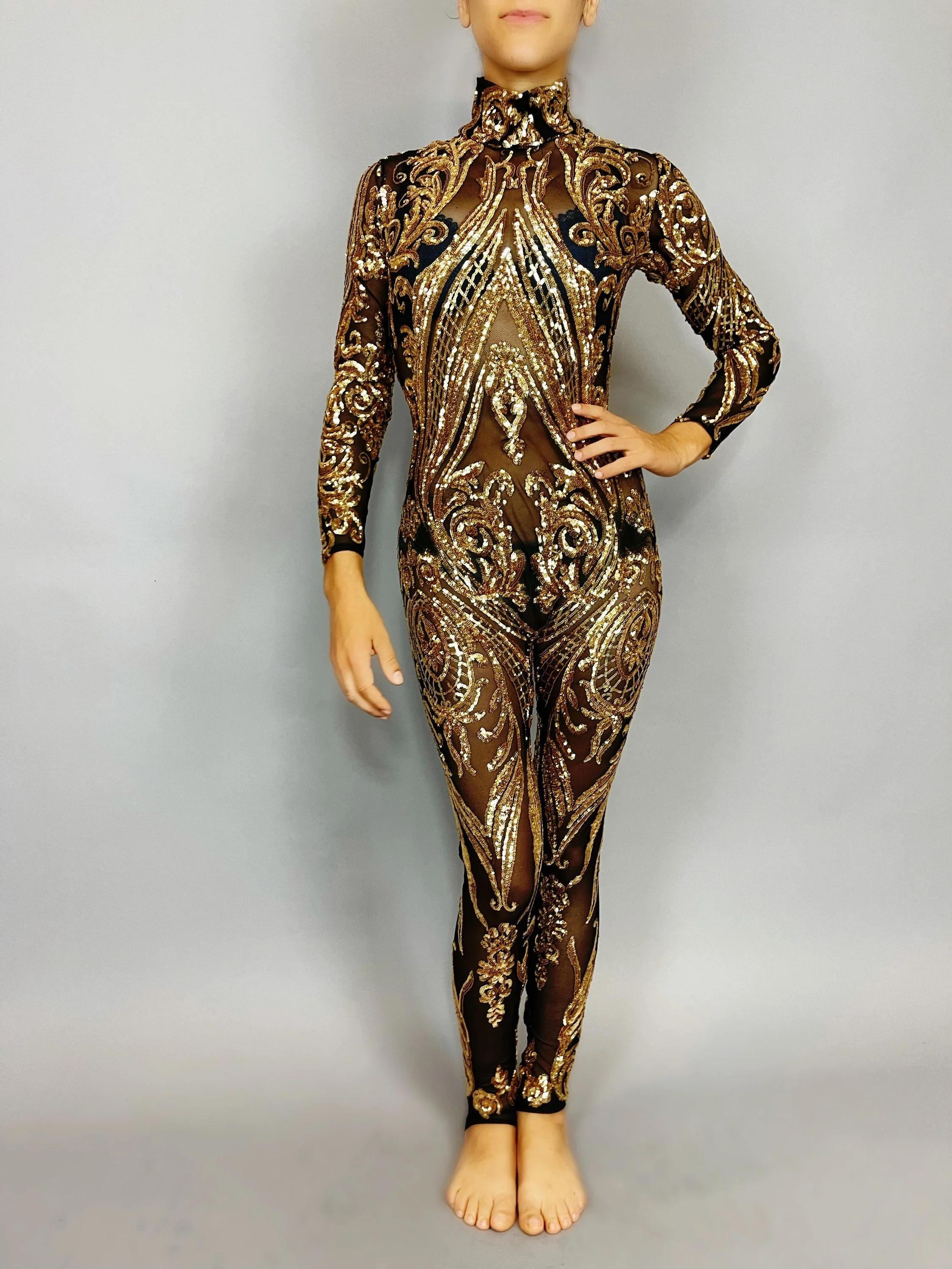 White Floral Catsuit, Turtleneck, Full Sleeves - Image 5