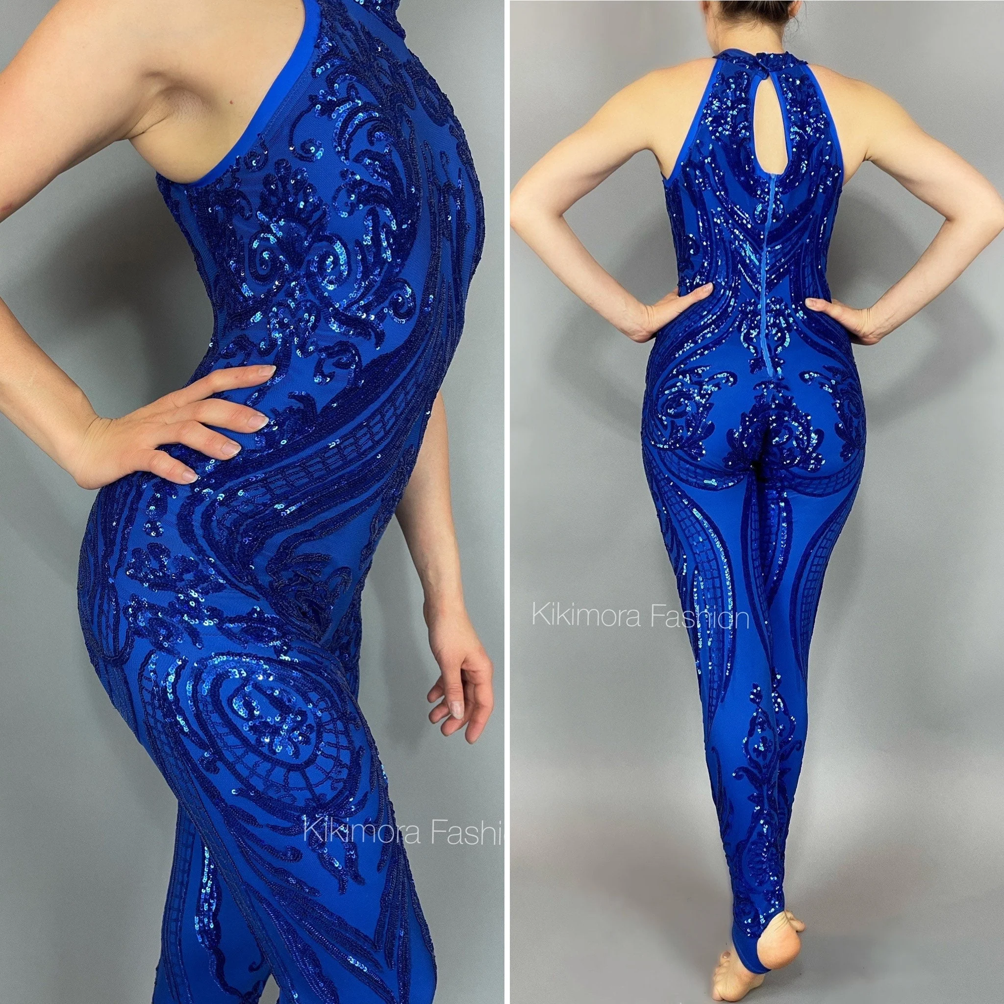 Blue Sequin Catsuit, Halterneck, Sleeveless - Image 2