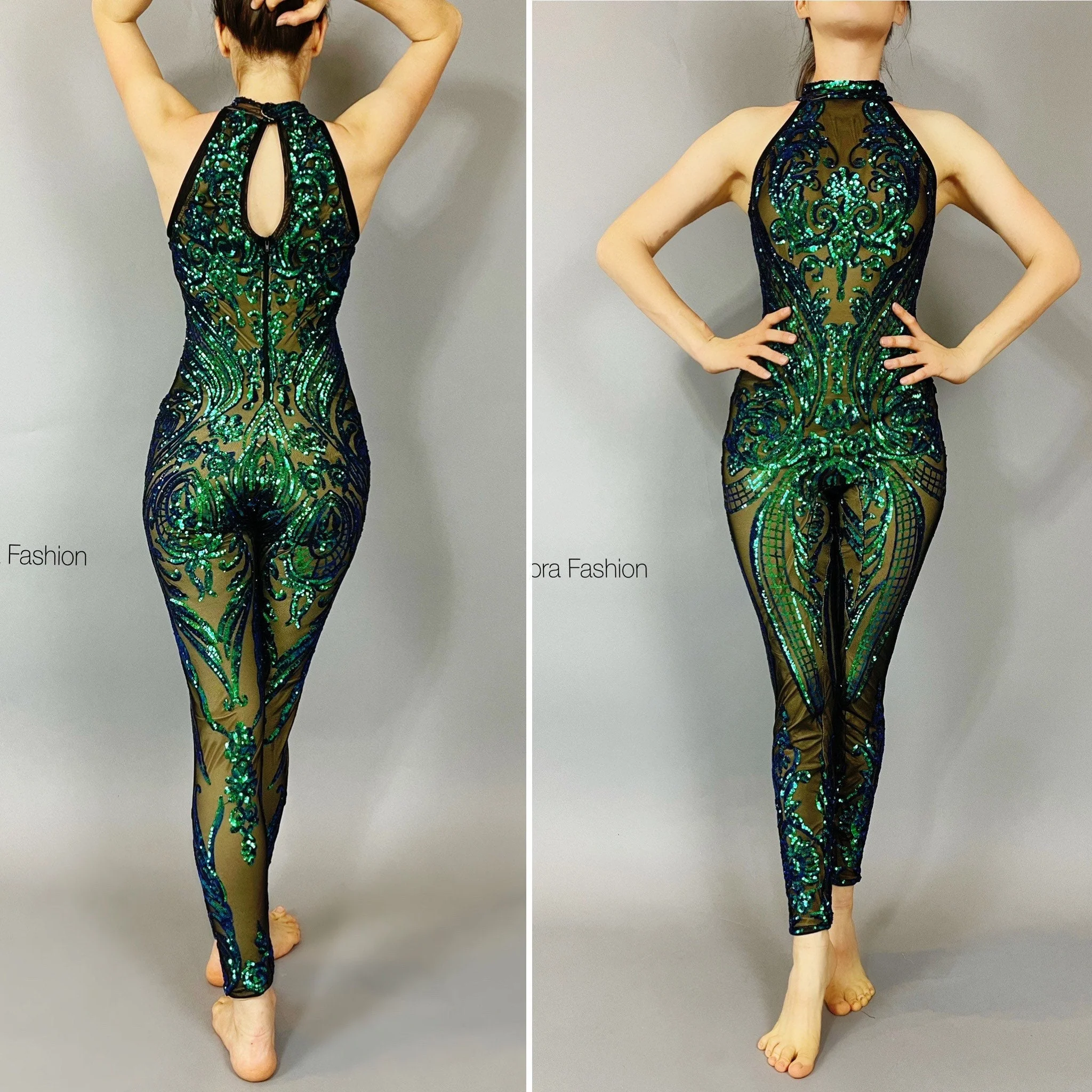 Blue Sequin Catsuit, Halterneck, Sleeveless - Image 7