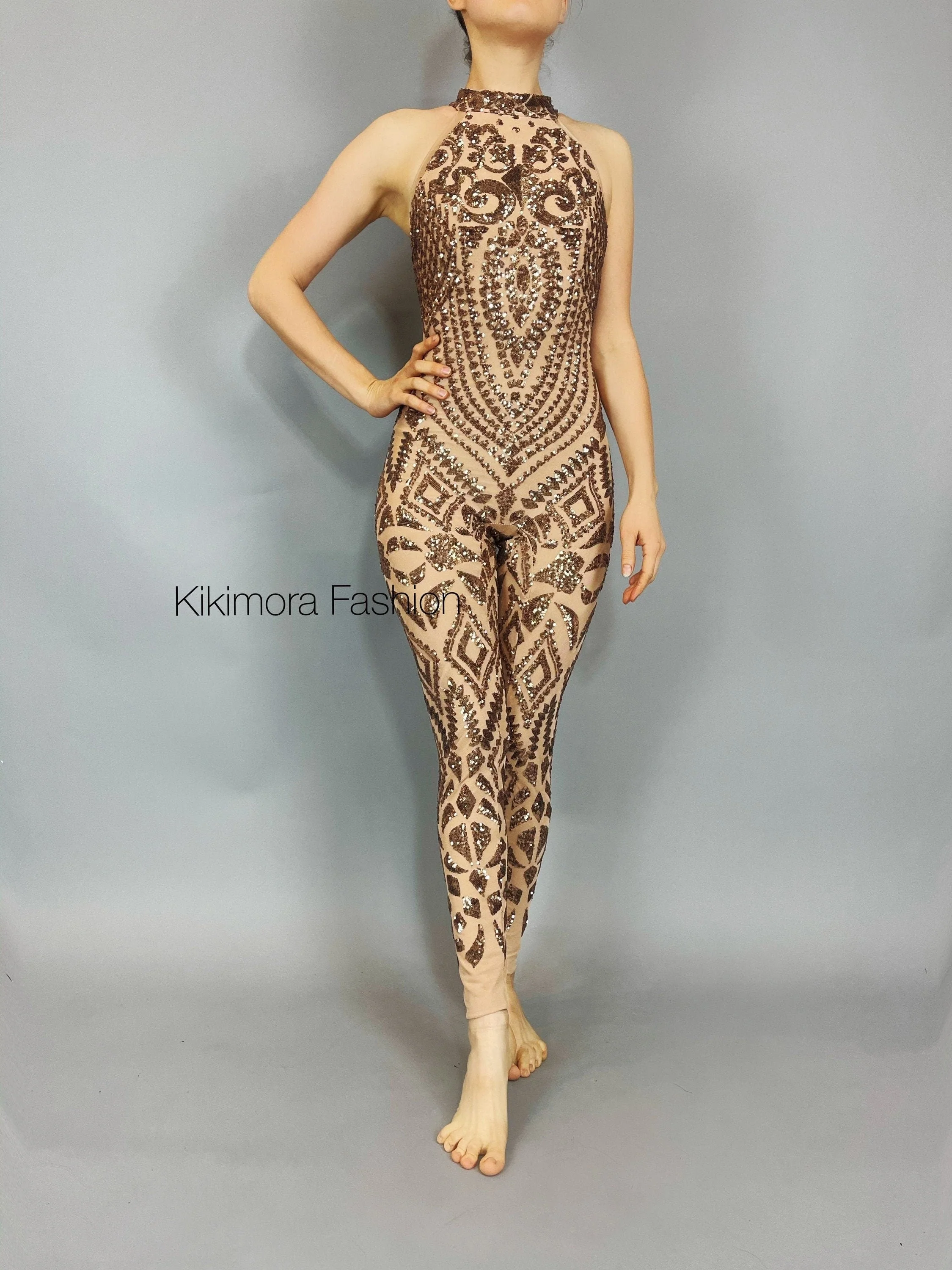 Rose Gold Sequin Jumpsuit, Sheer Nude Catsuit, Geometric Pattern Bodysuit, Sleeveless Unitard, Exotic Dancewear, Bridal Performance Costume - Image 9