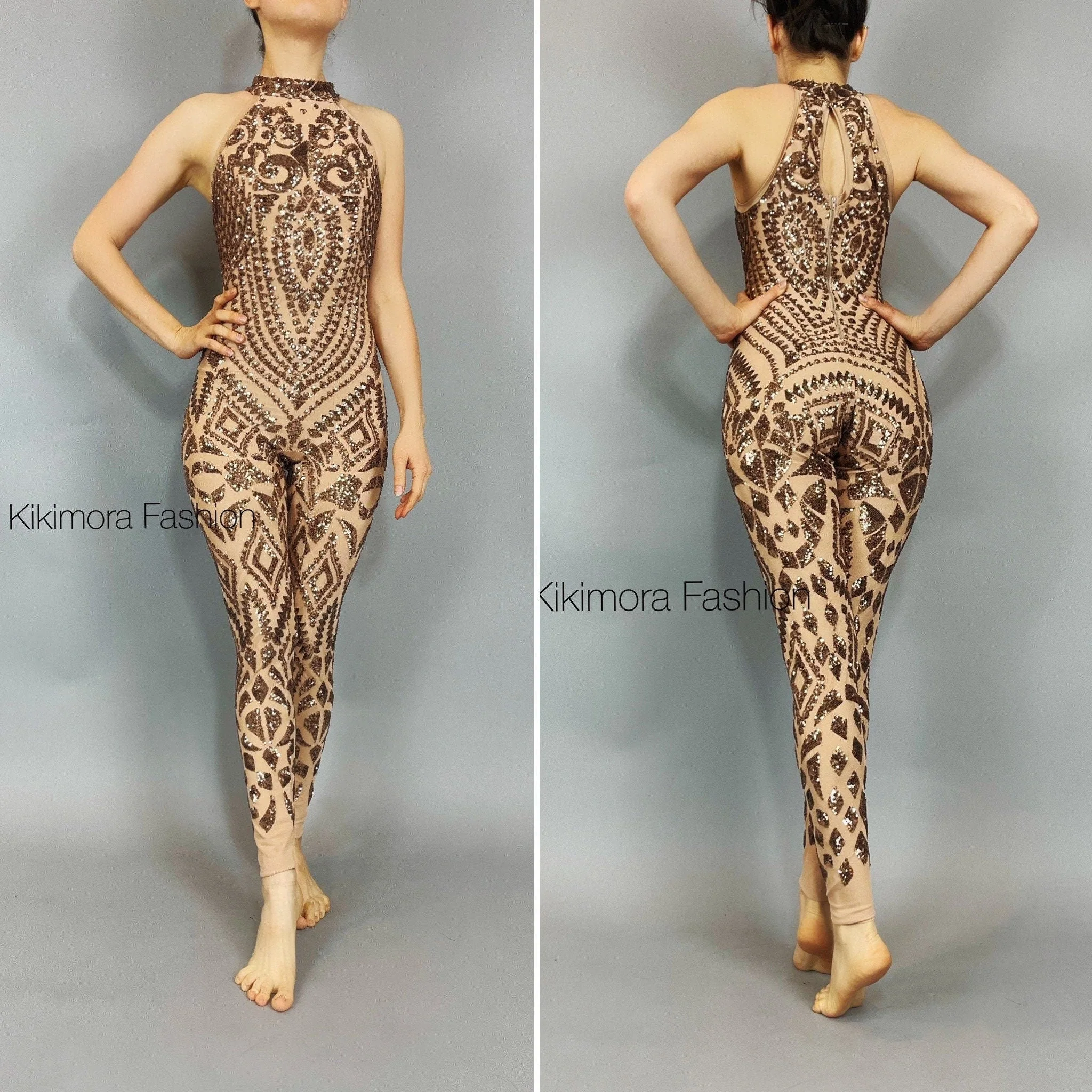 Bronze Sequin Jumpsuit, Nude Mesh Bodysuit, Geometric Pattern Catsuit, Sleeveless Halter Unitard, Sheer One Piece, Performance Costume - Image 5