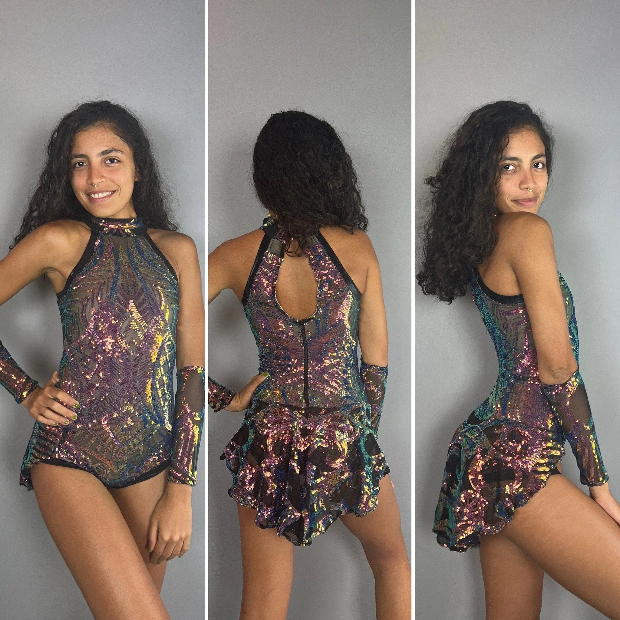 Iridescent Sequin Leotard, Sheer Mesh Bodysuit, Open Back Unitard, Fairy Costume, Fire Dancer Wear, Circus Performance Outfit, Halter Neck - Image 3