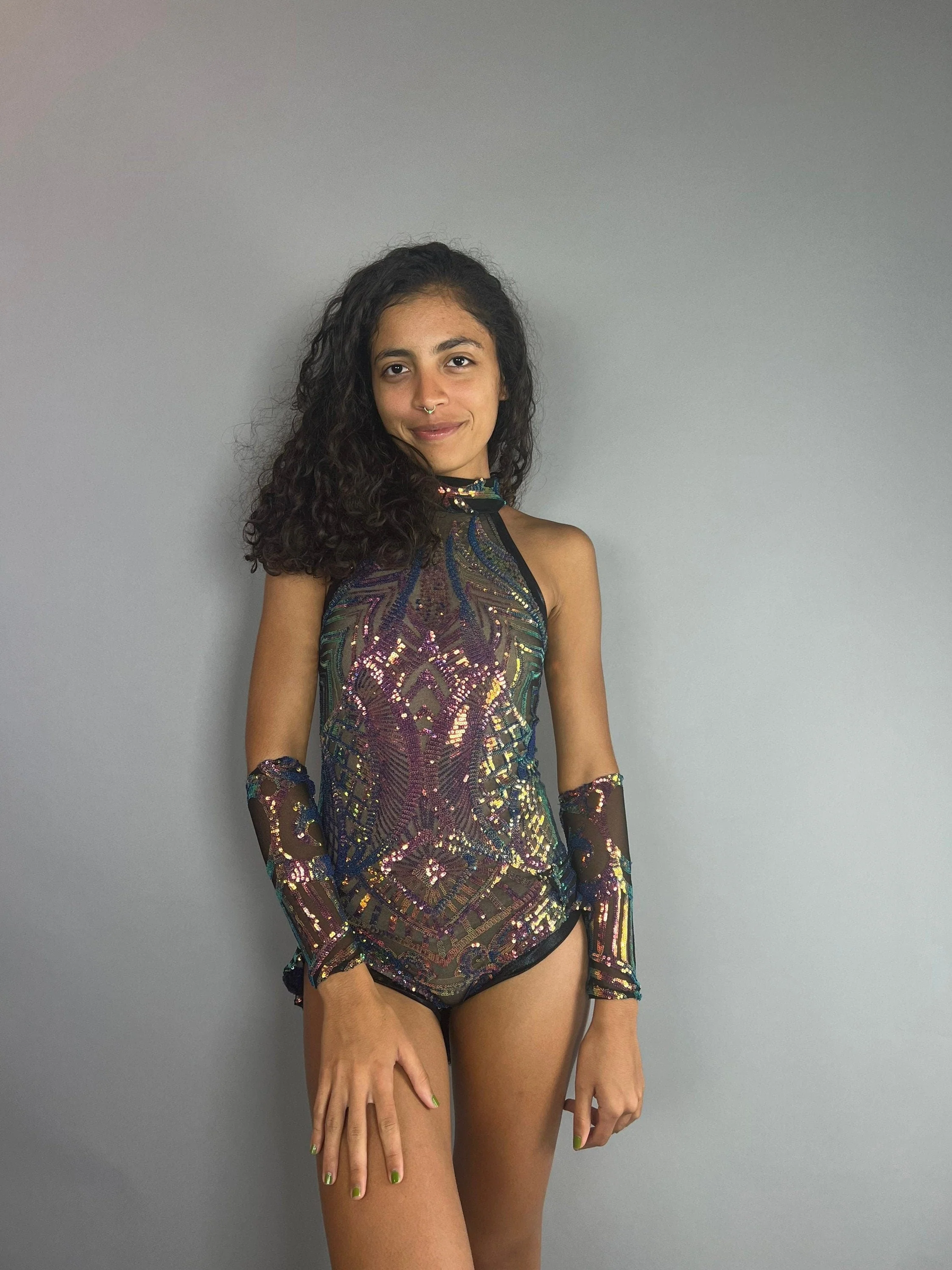 Iridescent Sequin Leotard, Sheer Mesh Bodysuit, Open Back Unitard, Fairy Costume, Fire Dancer Wear, Circus Performance Outfit, Halter Neck - Image 5