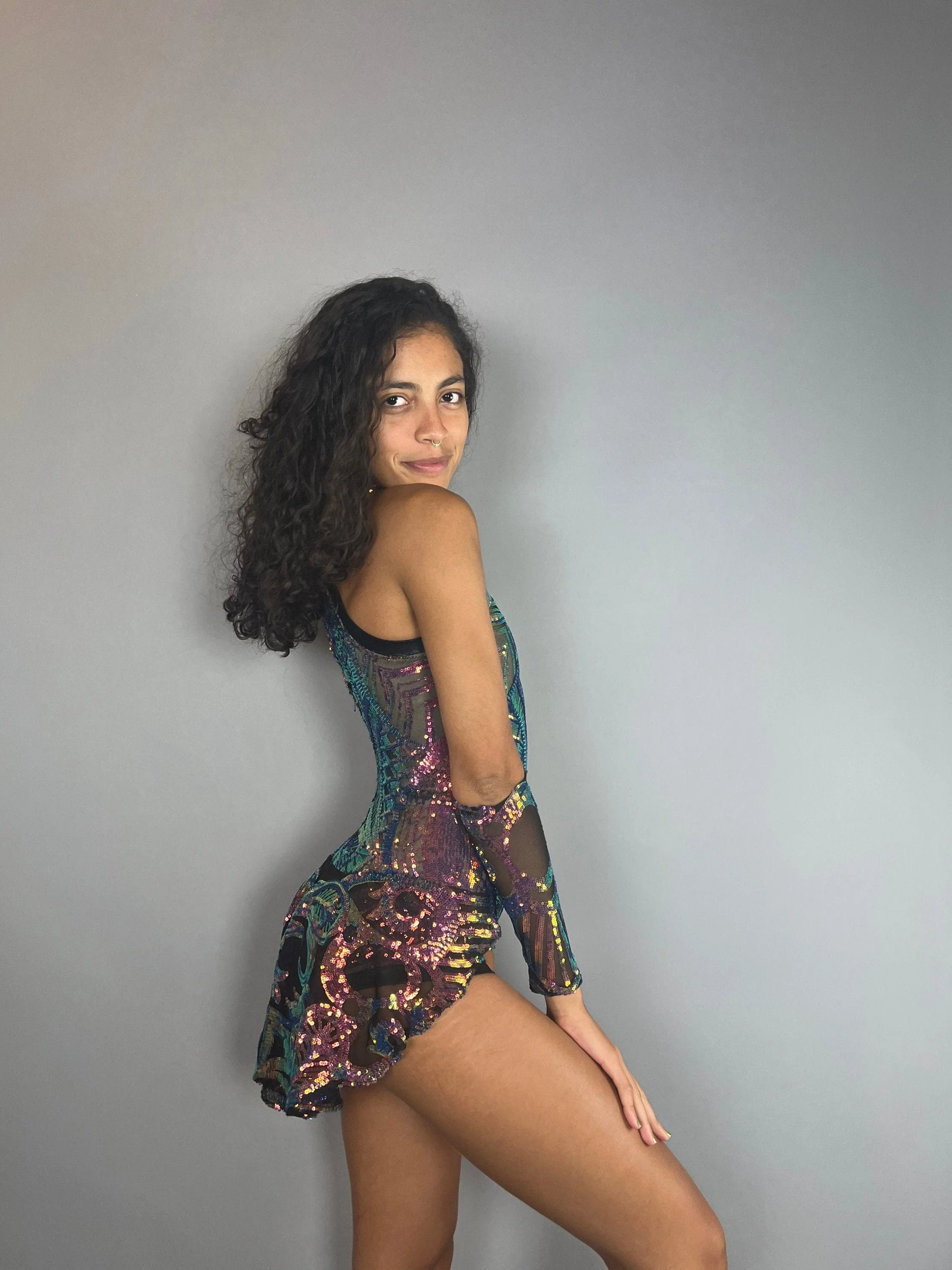 Iridescent Sequin Leotard, Sheer Mesh Bodysuit, Open Back Unitard, Fairy Costume, Fire Dancer Wear, Circus Performance Outfit, Halter Neck - Image 7