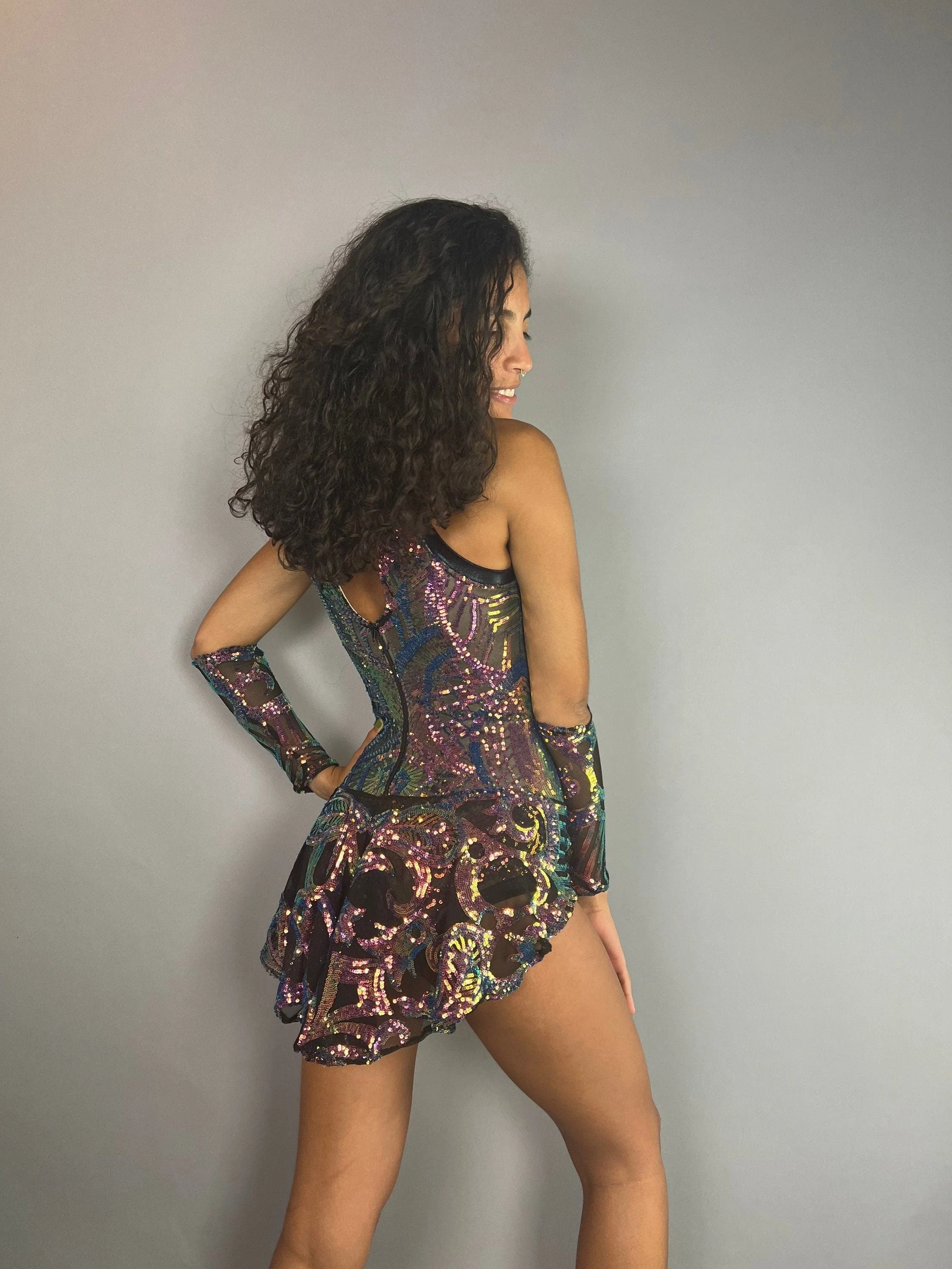 Iridescent Sequin Leotard, Sheer Mesh Bodysuit, Open Back Unitard, Fairy Costume, Fire Dancer Wear, Circus Performance Outfit, Halter Neck - Image 9
