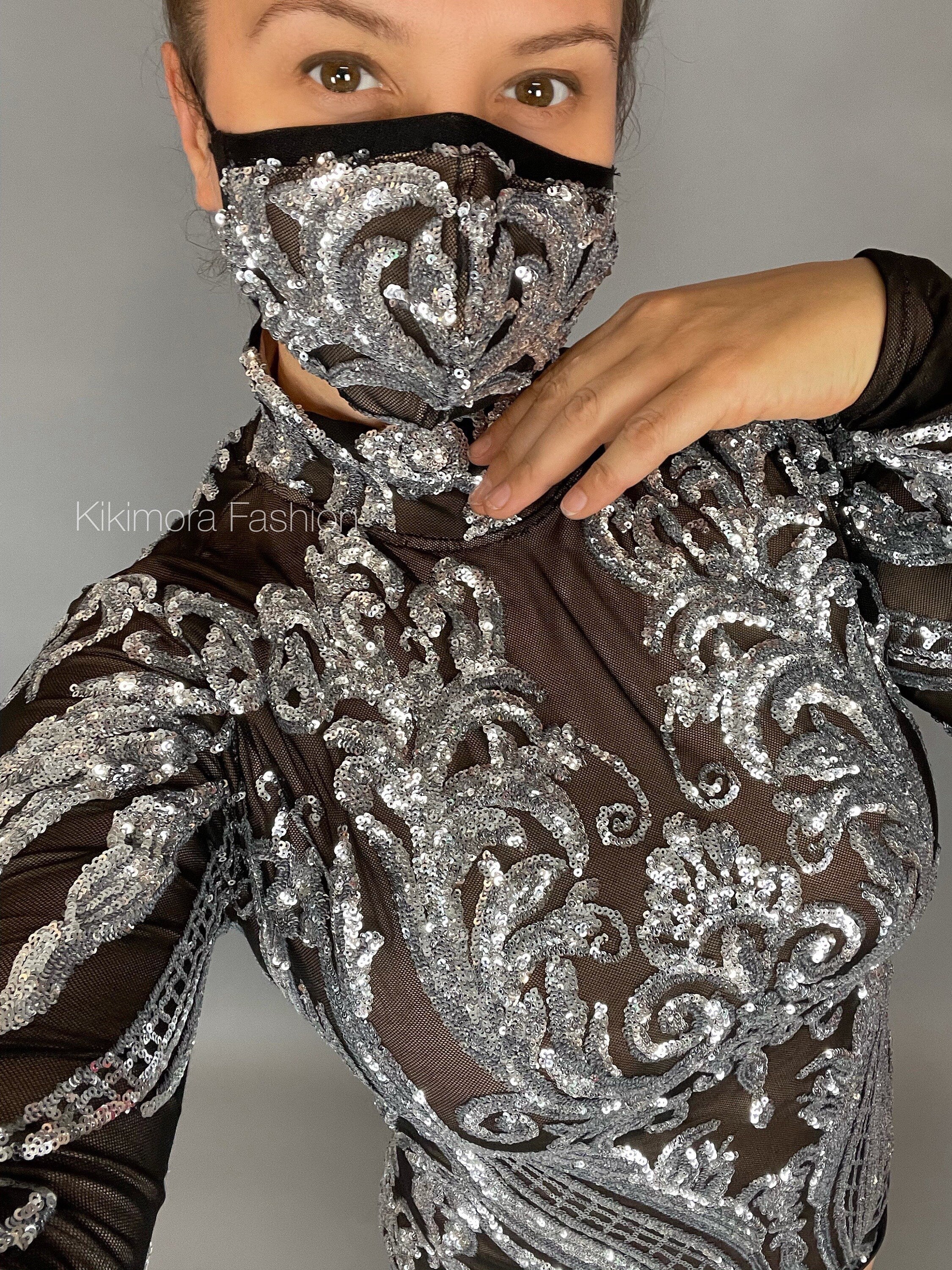 Silver Sequin on Black Mesh Leotard, Turtleneck, Full Sleeves - Image 3