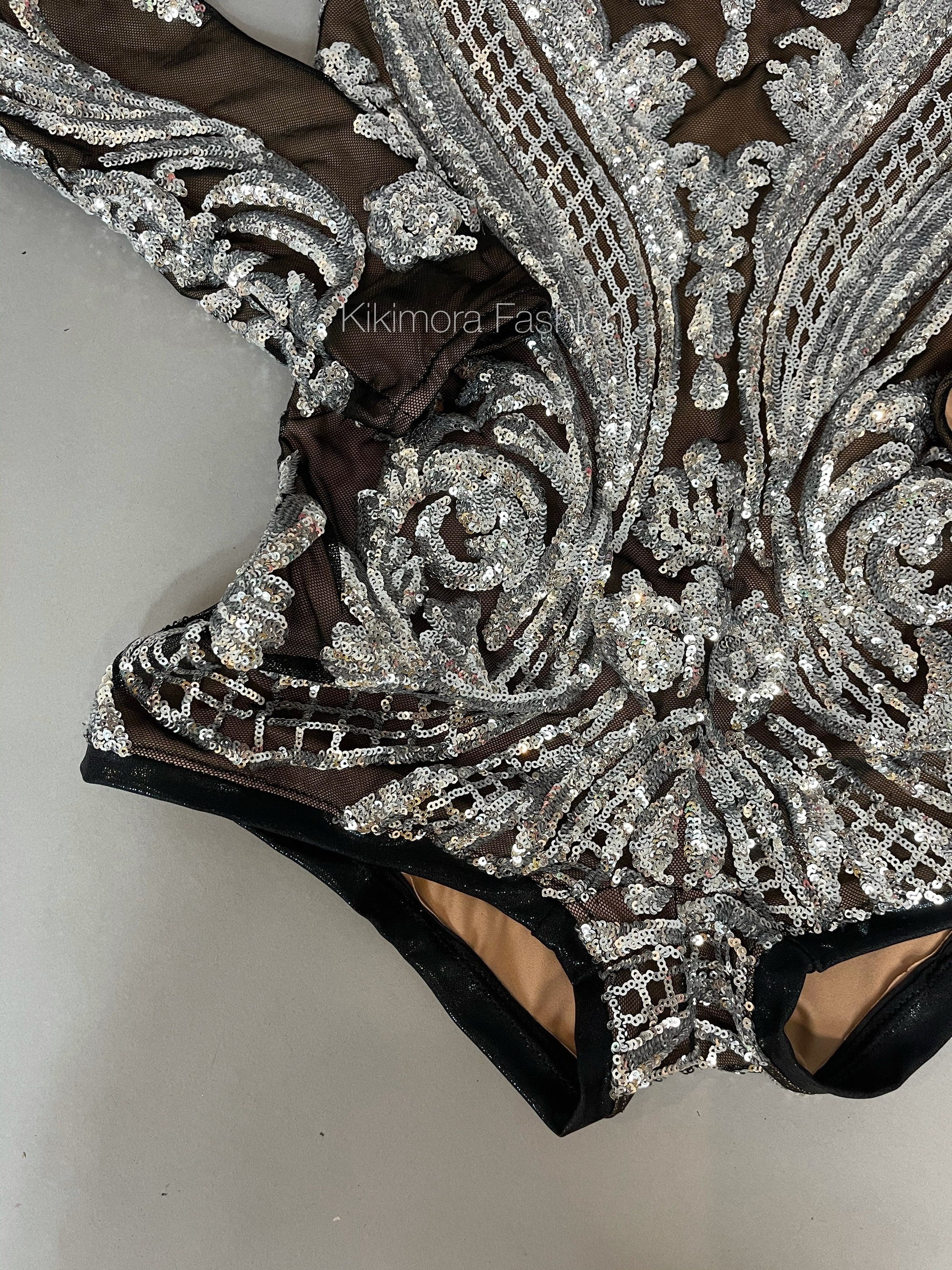 Silver Sequin on Black Mesh Leotard, Turtleneck, Full Sleeves - Image 7