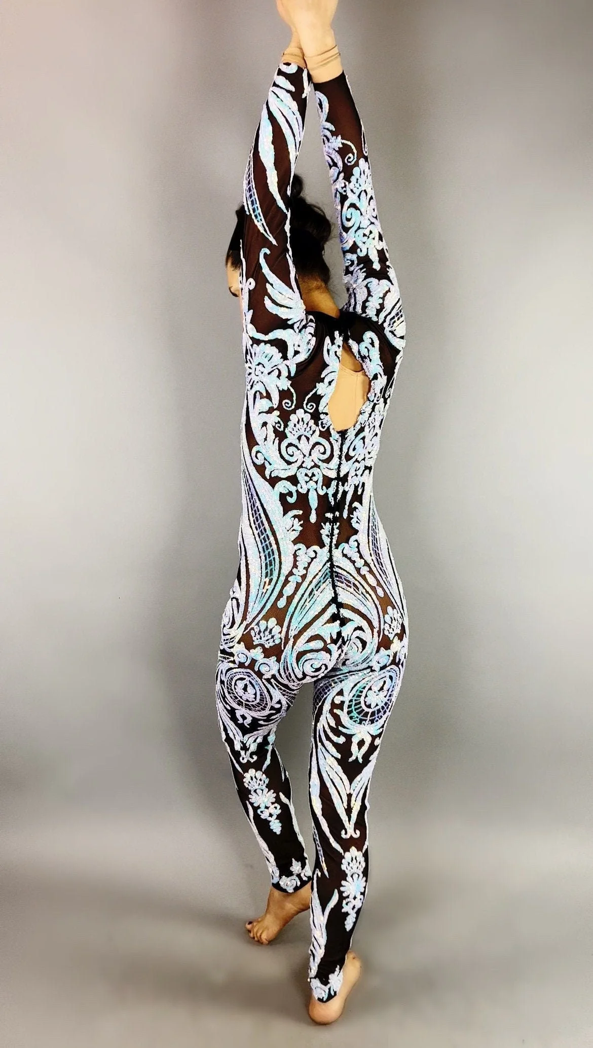 Floral Sequins On Black Catsuit, Mesh Jumpsuit, Scoop Neck, Full Sleeves - Image 4