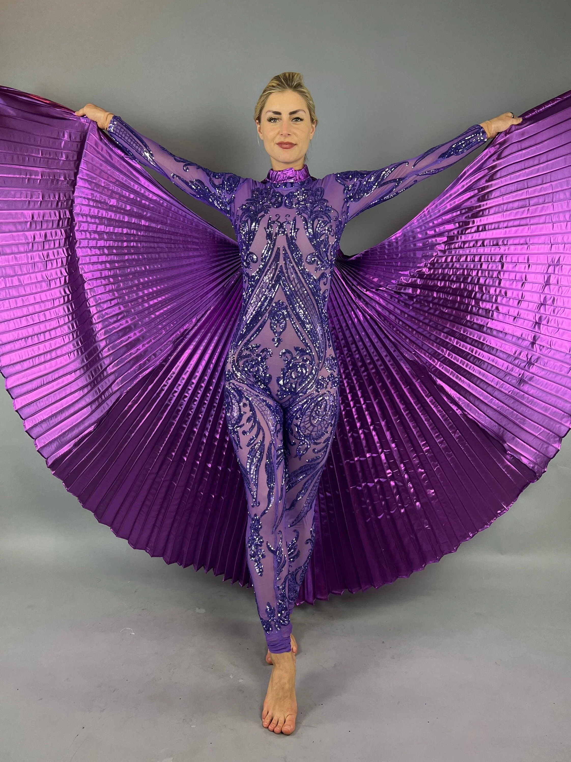 Purple Sequin Jumpsuit, Sheer Mesh Catsuit, Wedding Bodysuit, Long Sleeve Unitard, Exotic Dancewear, Pleated Skirt Outfit - Image 5