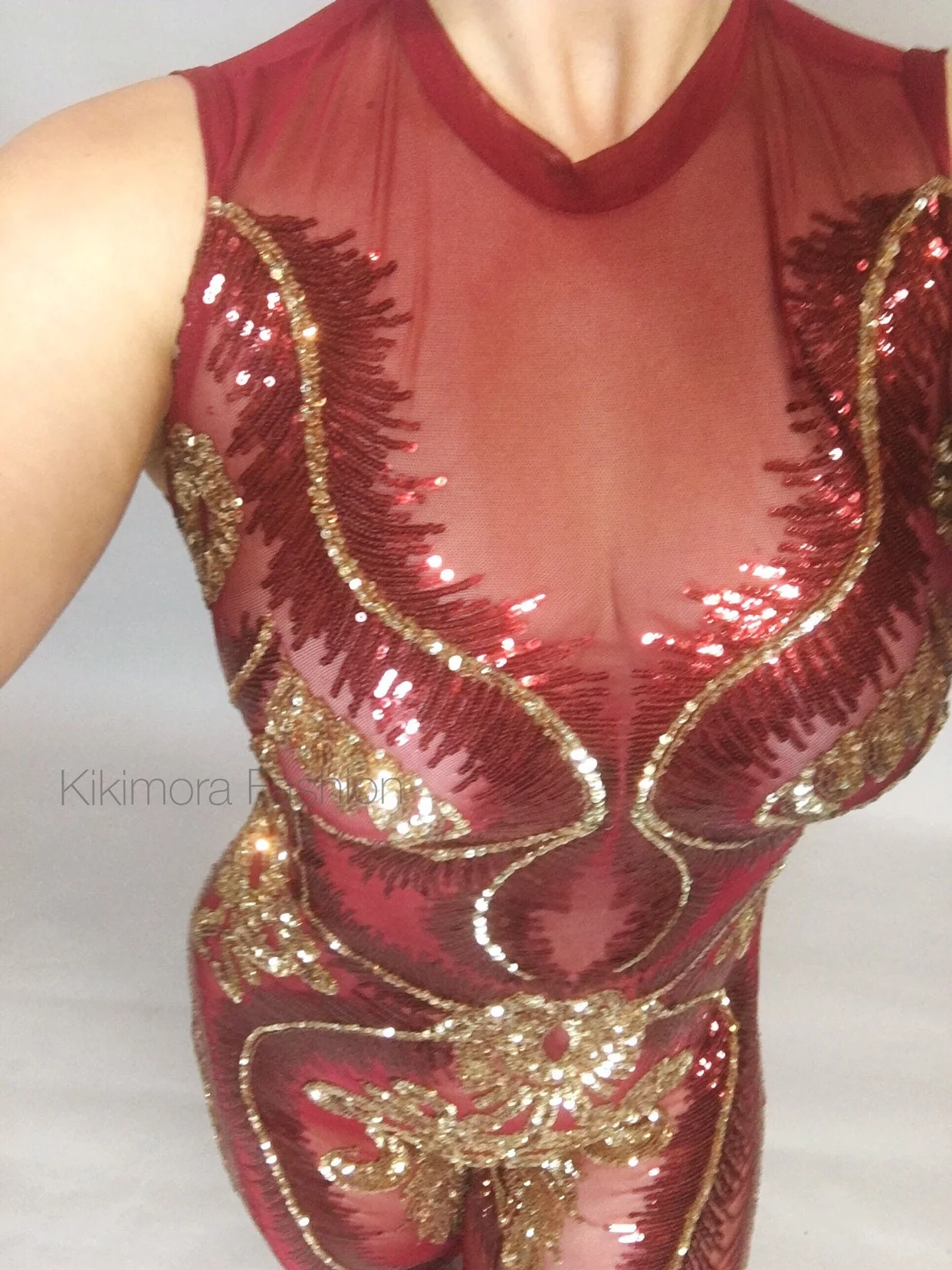 Red Sequin Catsuit with Mask, Showgirl Costume, Stage Unitard, Gymnastics