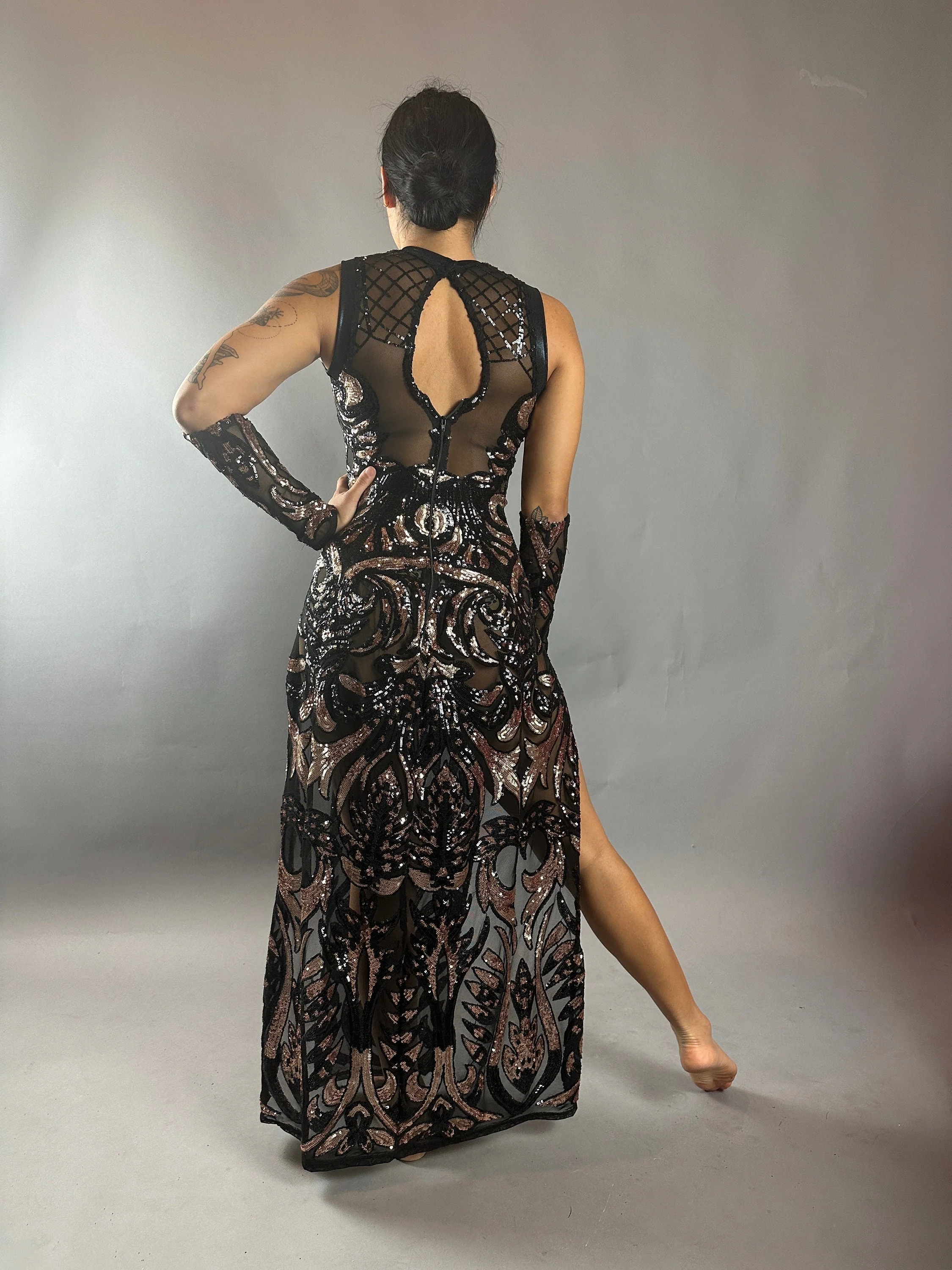 Black Sheer Sequin Dress, Long Slits, Sleeveless, Includes Wristbands - Image 6