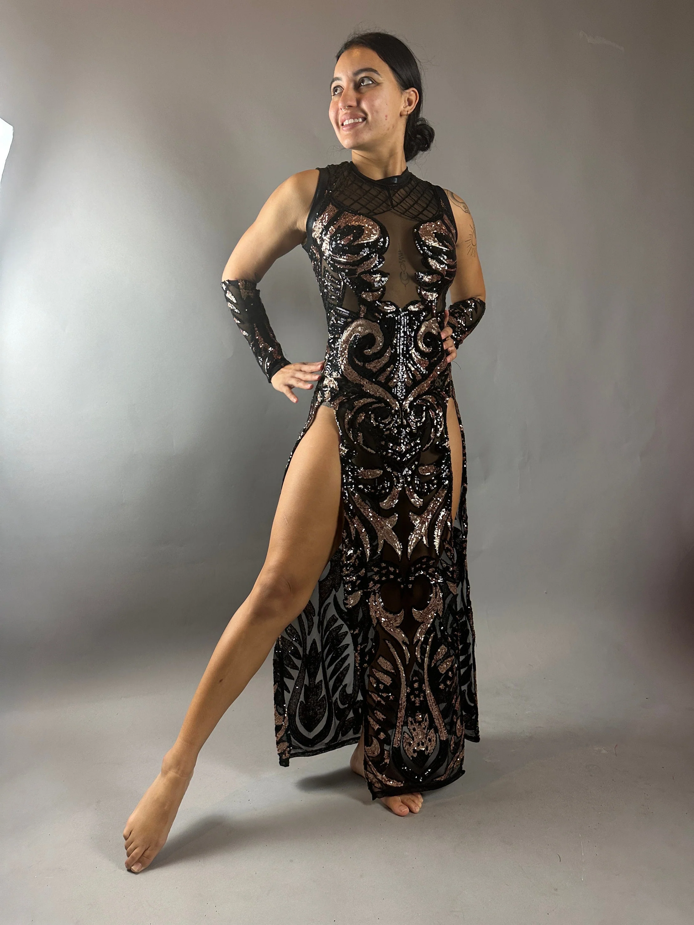 Black Sheer Sequin Dress, Long Slits, Sleeveless, Includes Wristbands - Image 9