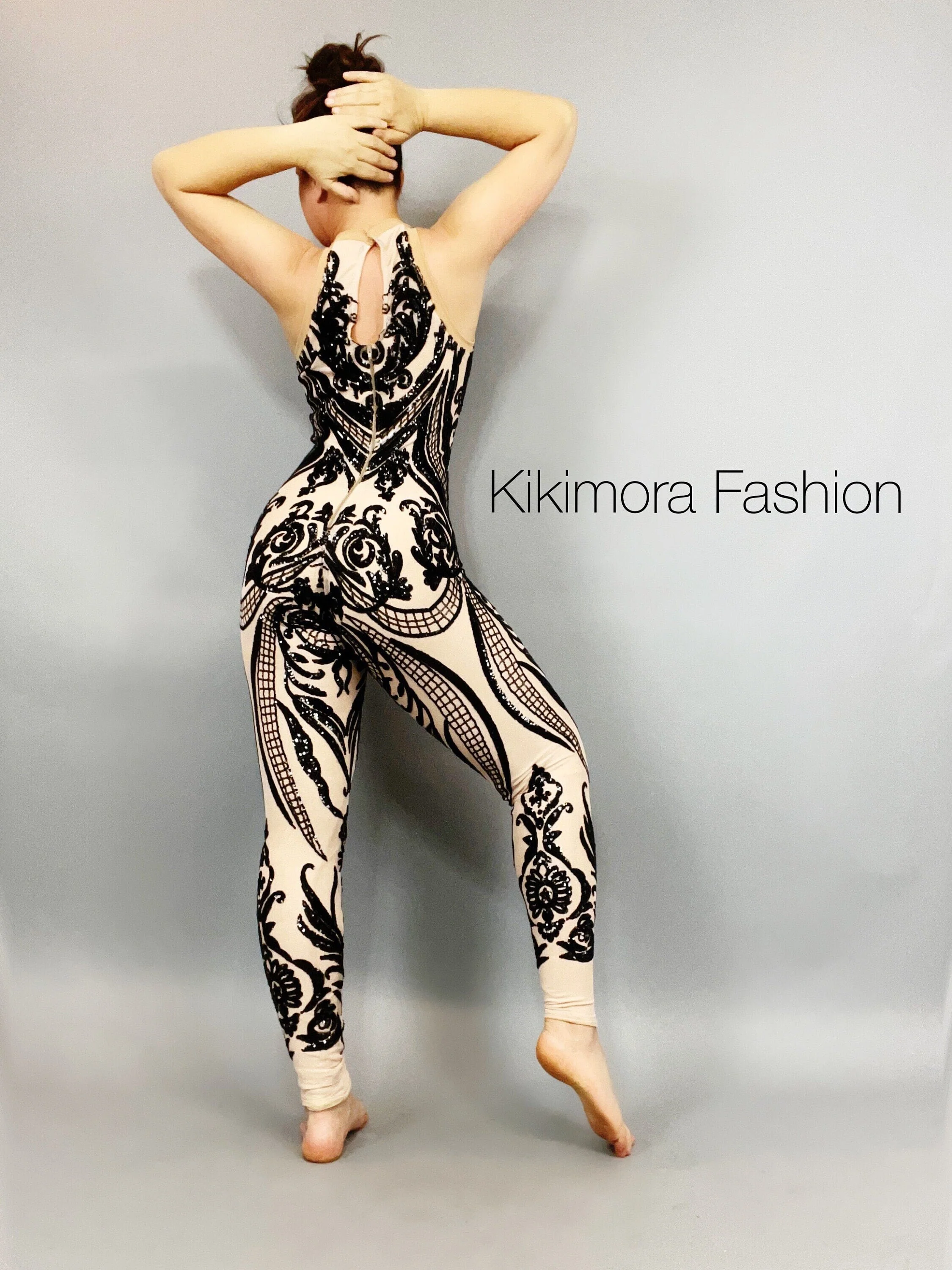 Black Sequin Jumpsuit, Nude Illusion Catsuit, Sleeveless Bodysuit, Custom Dancewear, Halter Unitard, Exotic Costume - Image 5