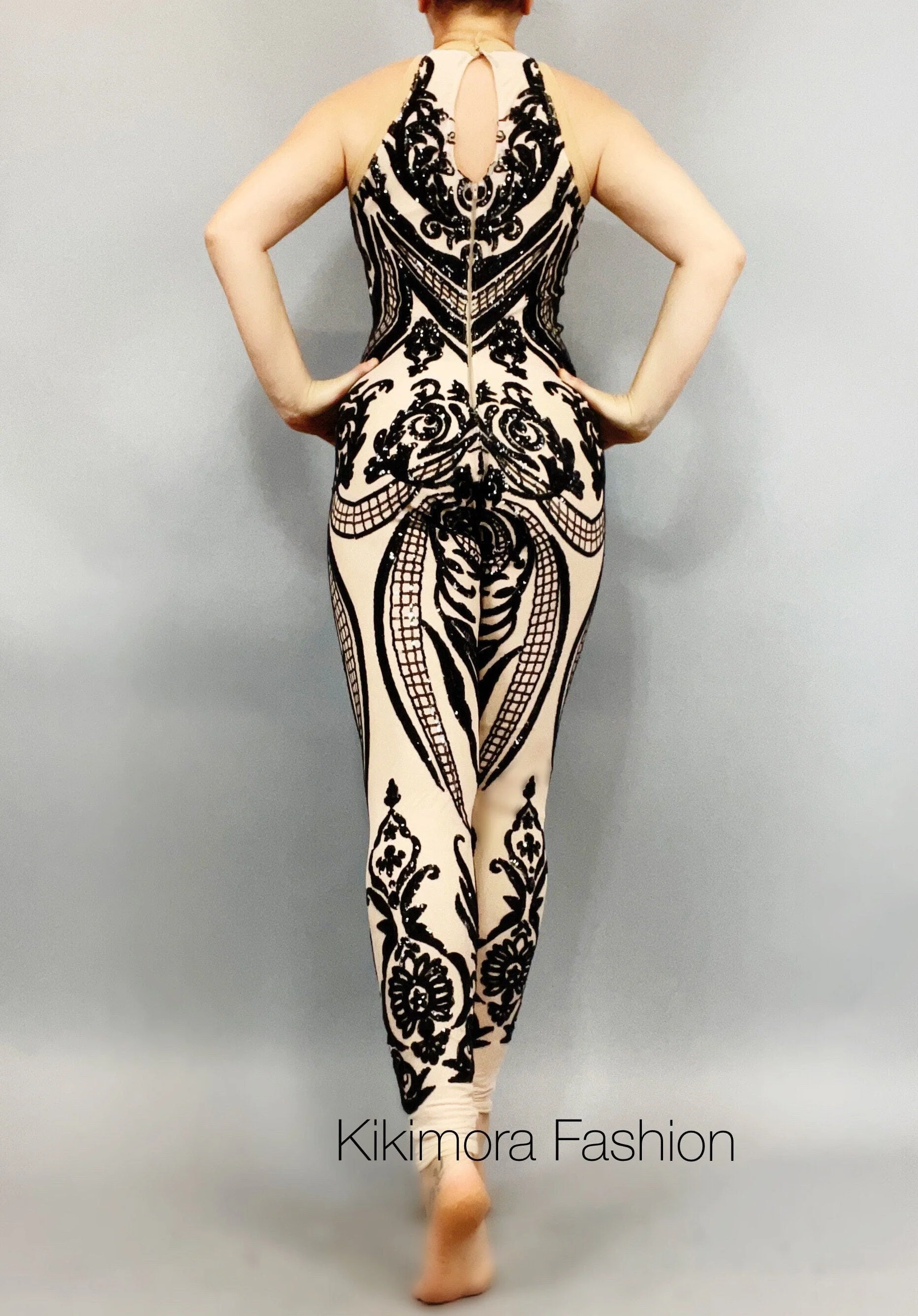 Black Sequin Jumpsuit, Nude Illusion Catsuit, Sleeveless Bodysuit, Custom Dancewear, Halter Unitard, Exotic Costume - Image 7