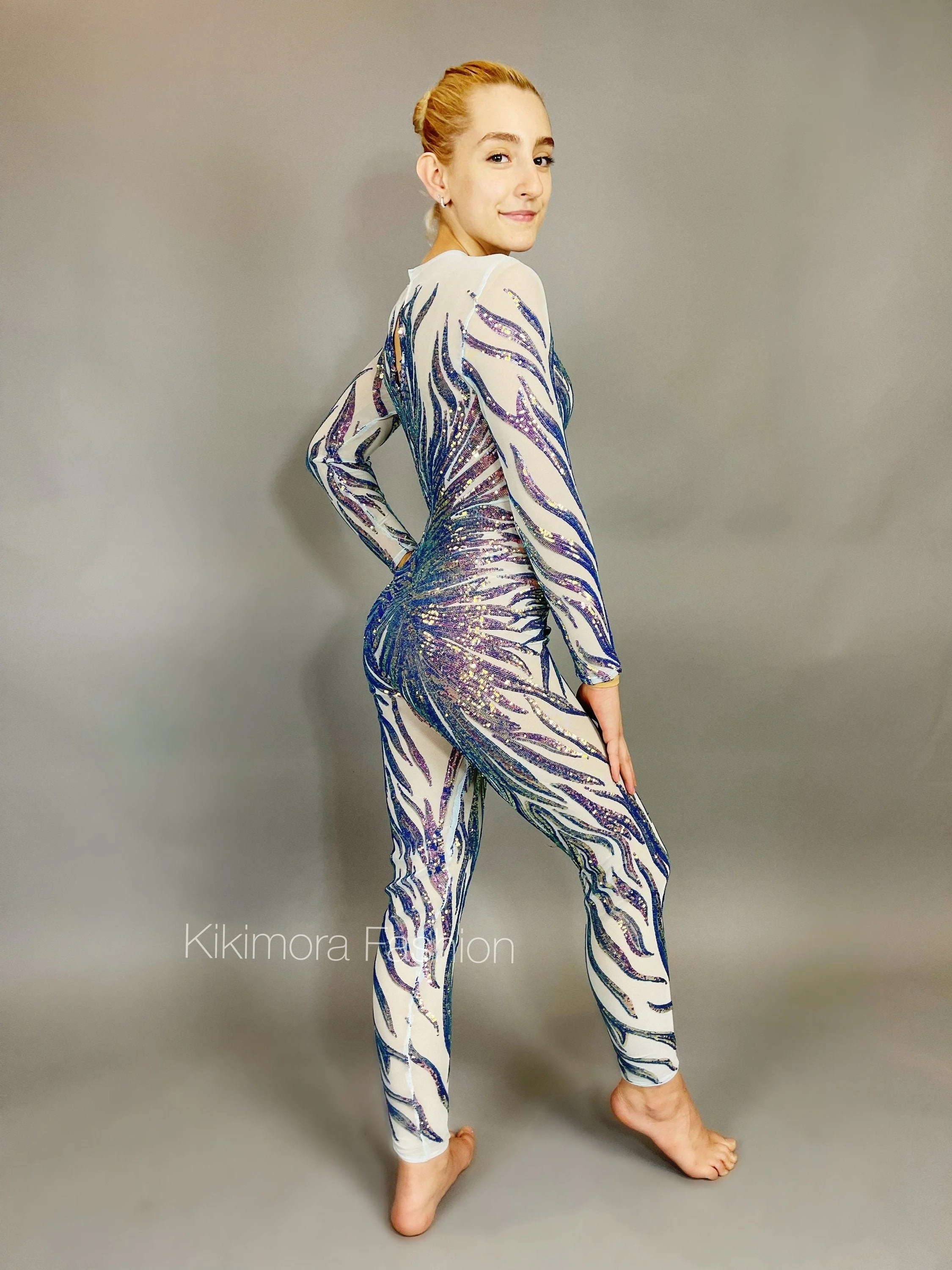 Black Sequin on Beige Catsuit, Scoop Neck, Full Sleeves - Image 10