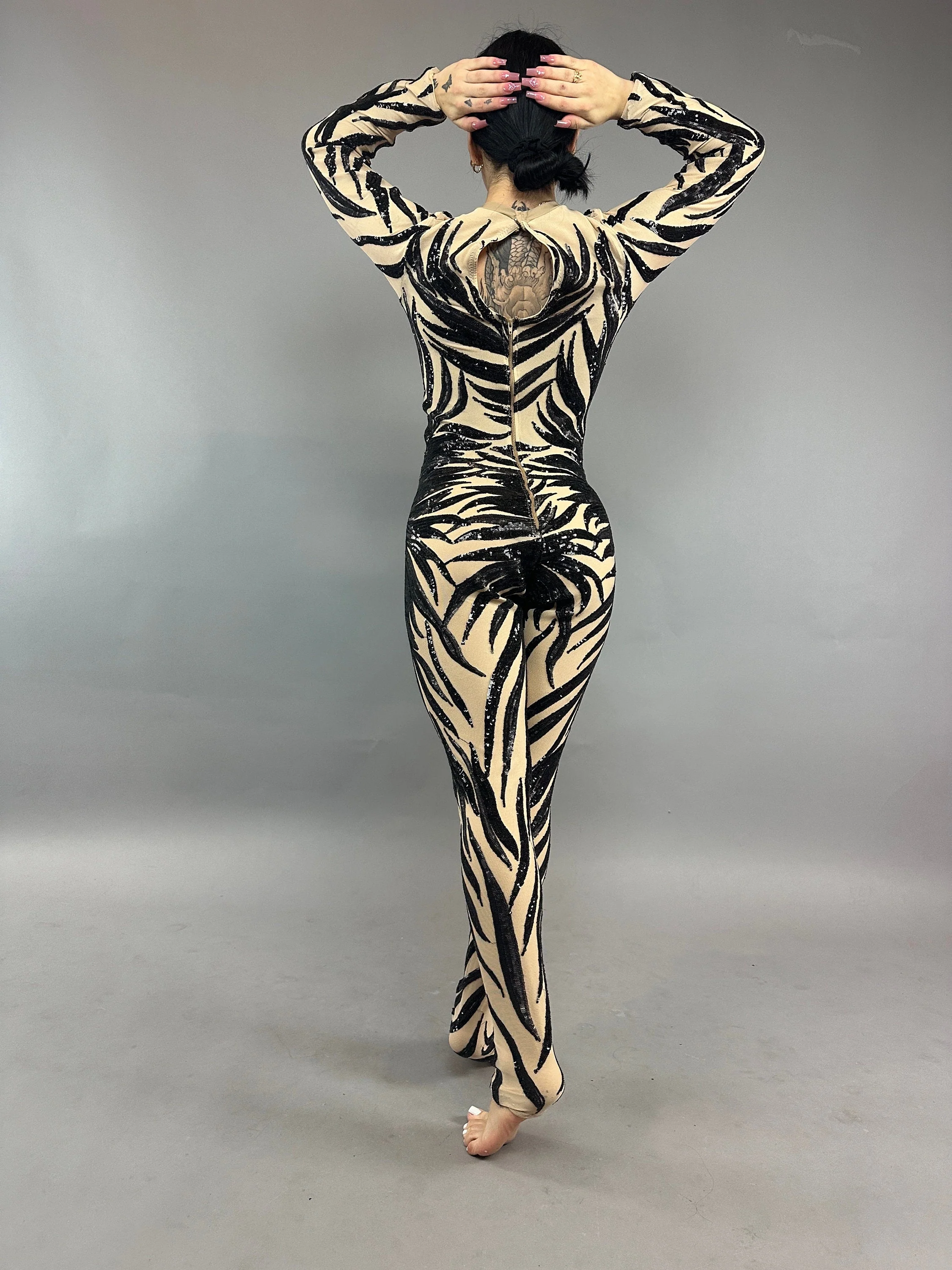 Black Sequin on Beige Catsuit, Scoop Neck, Full Sleeves - Image 3