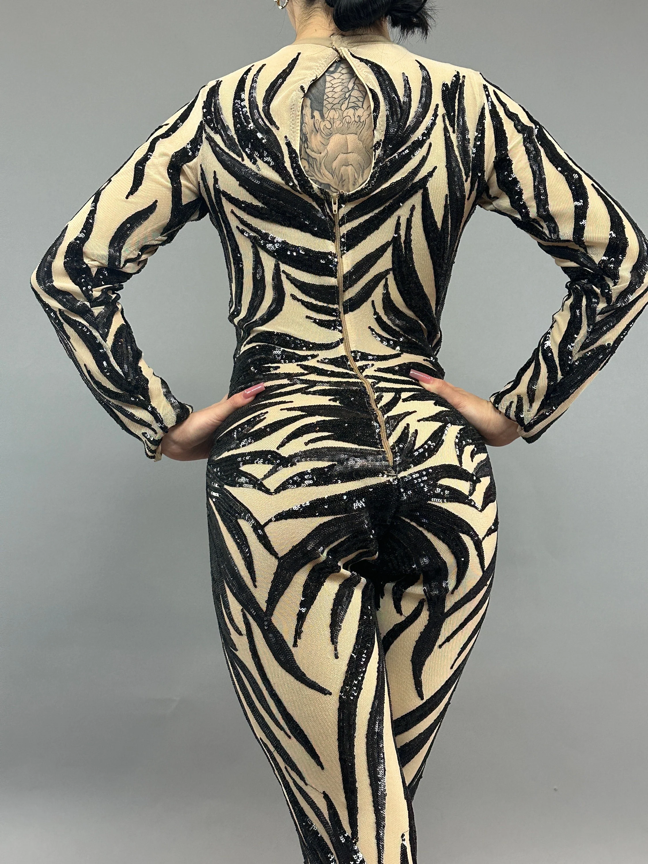 Black Sequin on Beige Catsuit, Scoop Neck, Full Sleeves - Image 8