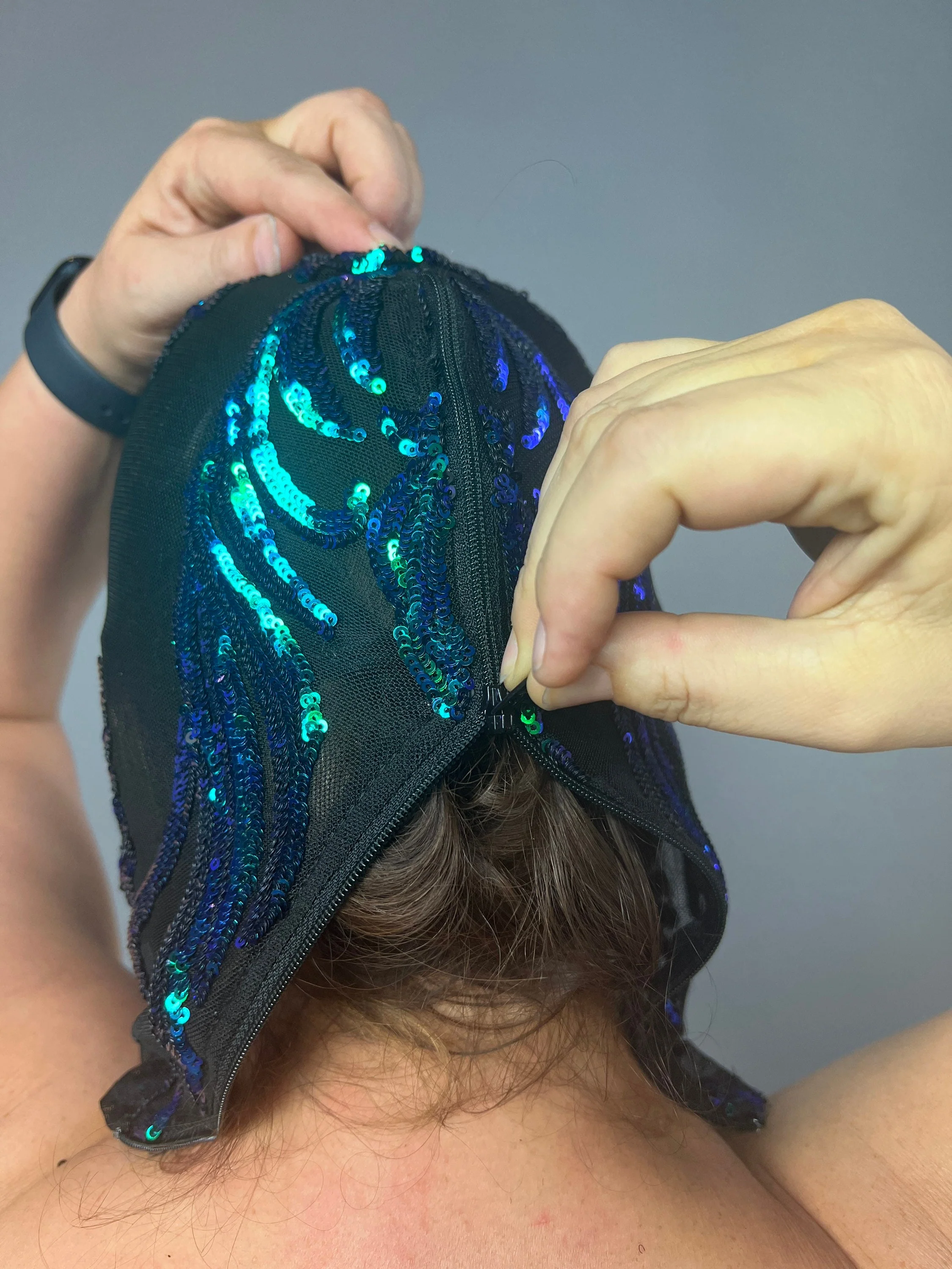 Sequin Mask, Blue and Green Headpiece, Sheer Mesh Face Cover, Futuristic Costume Accessory, Festival Fashion, Zipper Back - Image 10