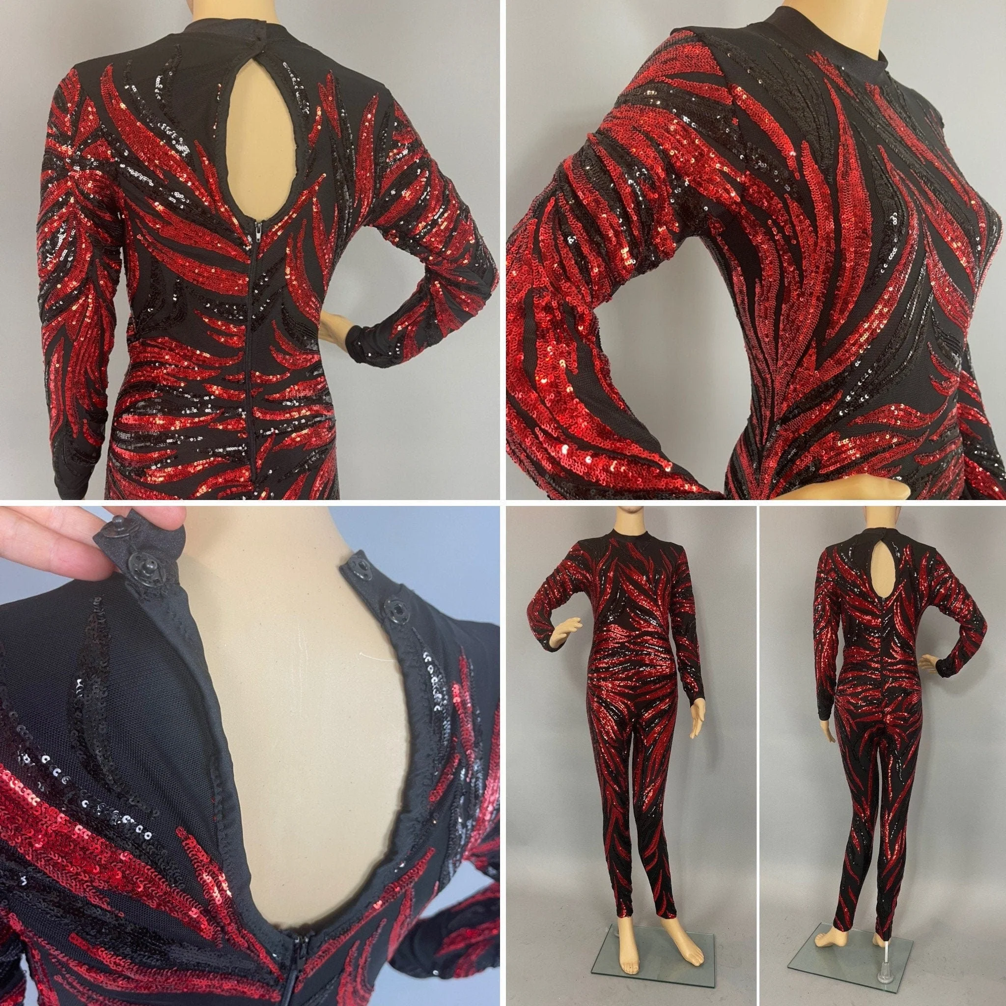 Black and Red Floral Sequins Catsuit, Tear Drop Back Opening, Full Sleeves Jumpsuit - Image 3