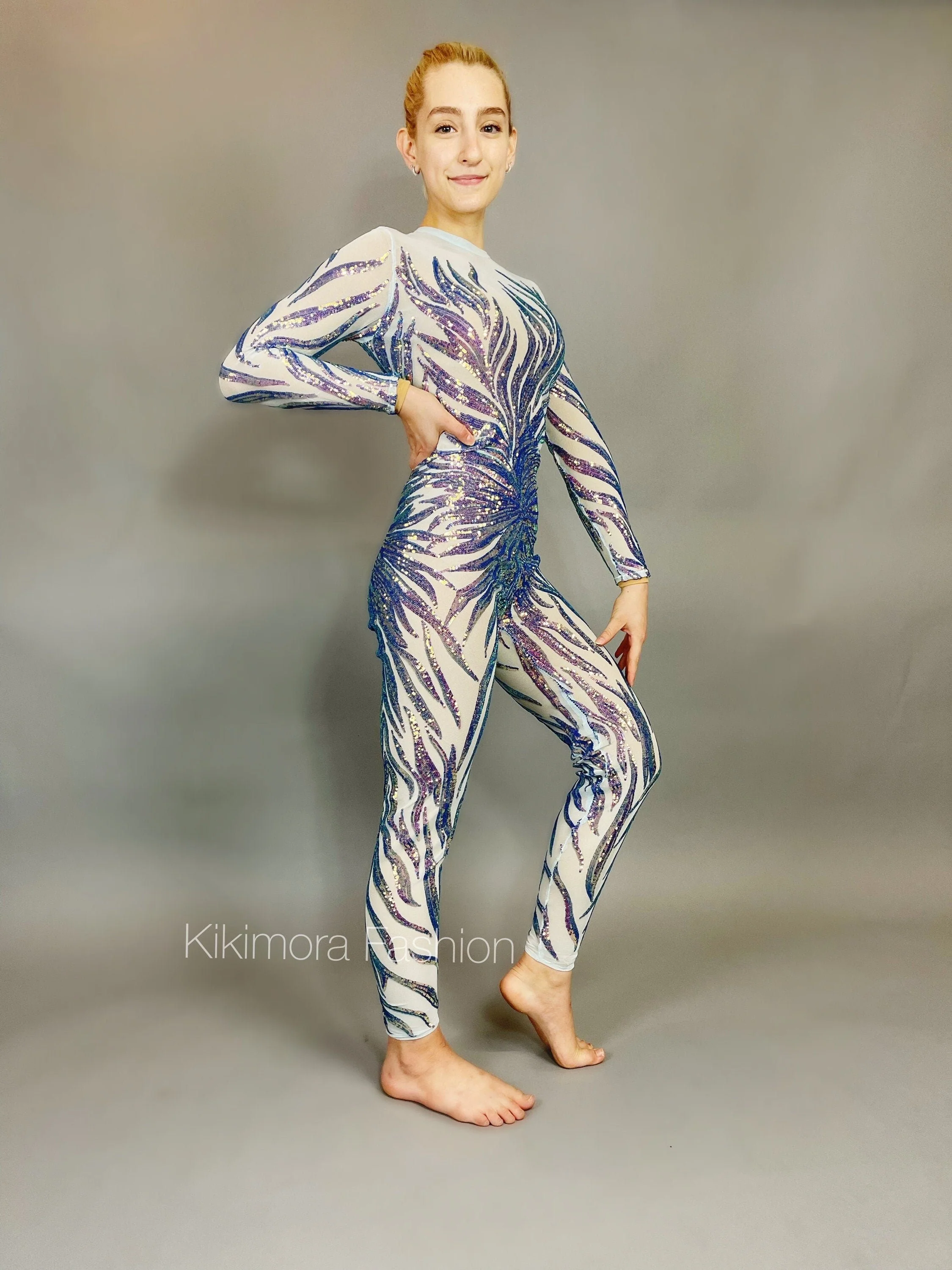 Black and Red Floral Sequins Catsuit, Tear Drop Back Opening, Full Sleeves Jumpsuit - Image 8