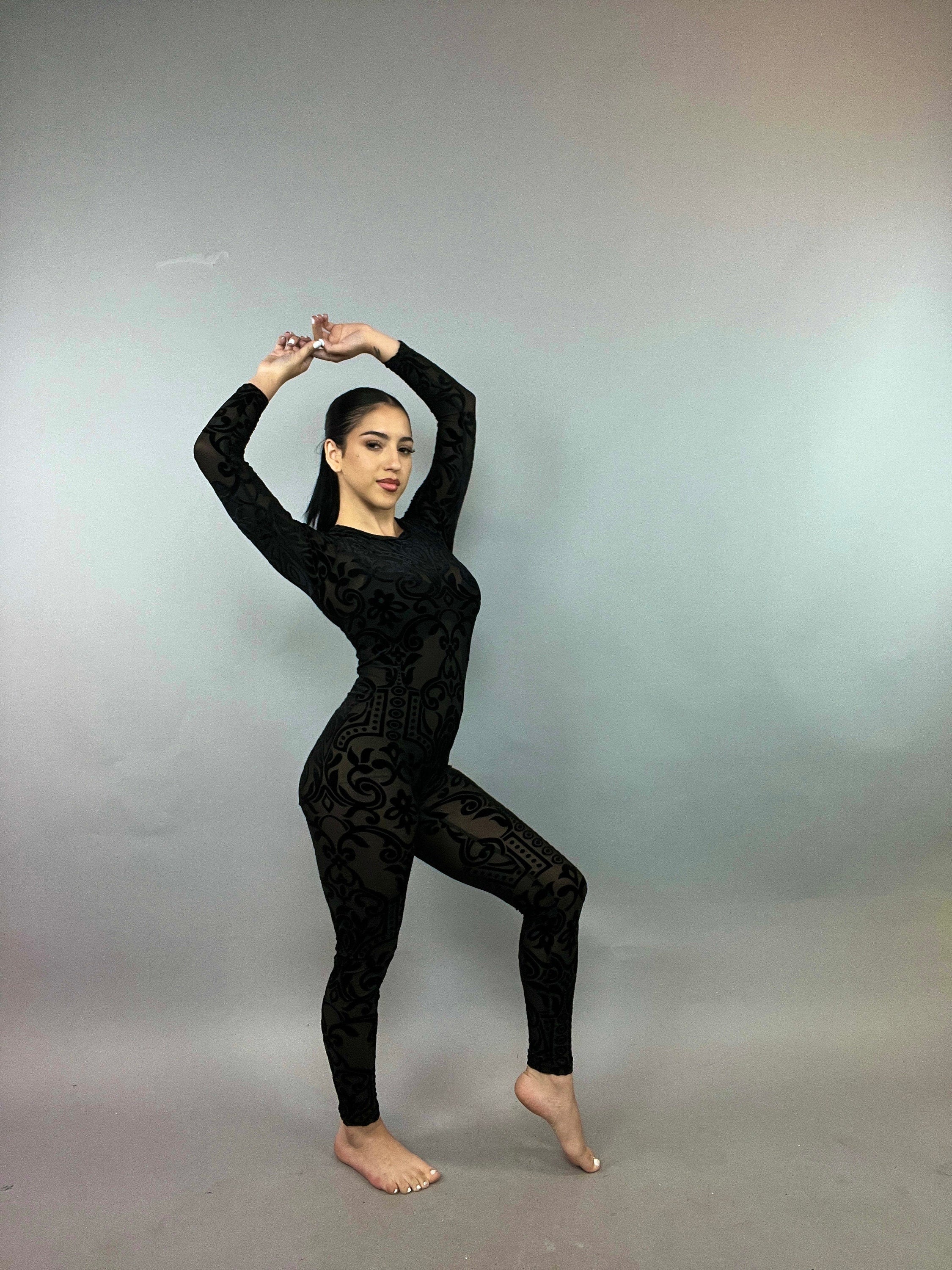 Sheer Black Velvet Catsuit, Scoop Neck, Full Sleeves - Image 5