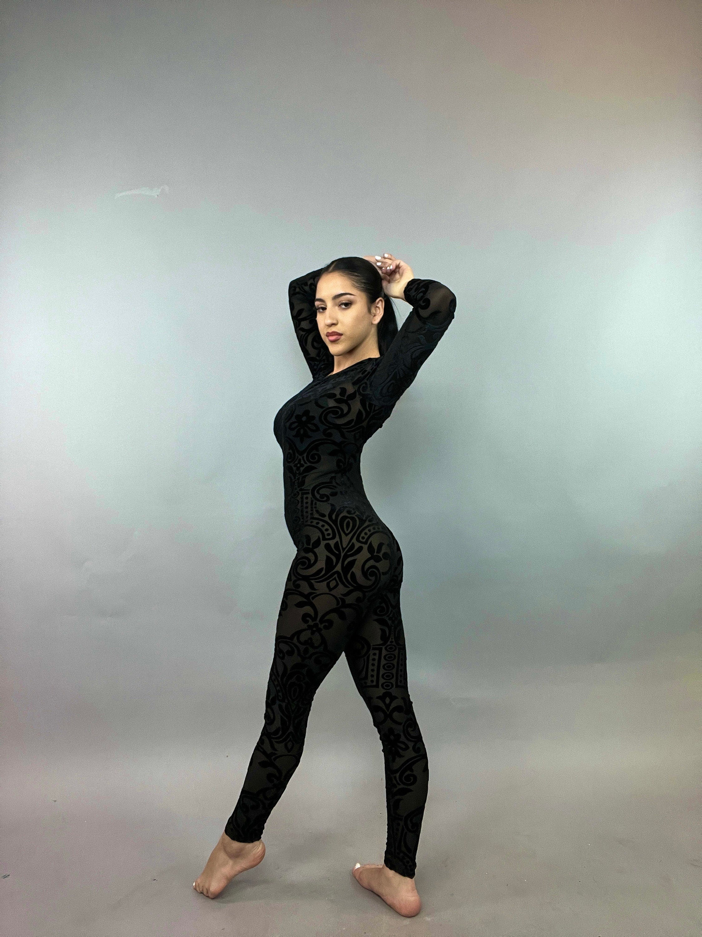 Sheer Black Velvet Catsuit, Scoop Neck, Full Sleeves - Image 8