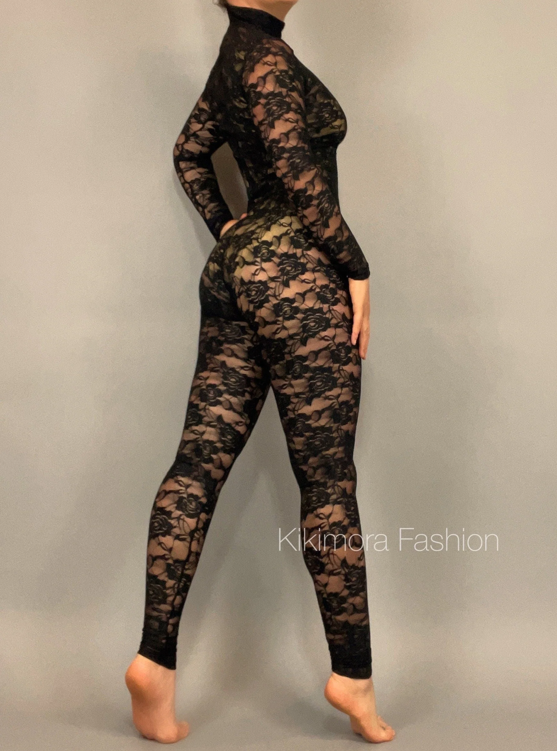 Sheer Black Lace Catsuit for Performers, Full Body Jumpsuit with Mock Neck & Long Sleeves, See-Through Floral Pattern in Stretch Lace Fabric