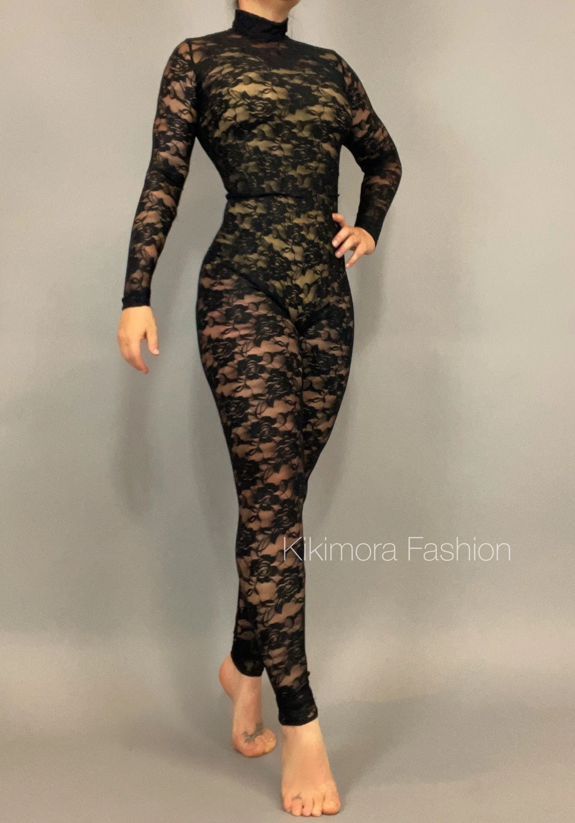Sheer Black Lace Catsuit for Performers, Full Body Jumpsuit with Mock Neck & Long Sleeves, See-Through Floral Pattern in Stretch Lace Fabric - Image 8