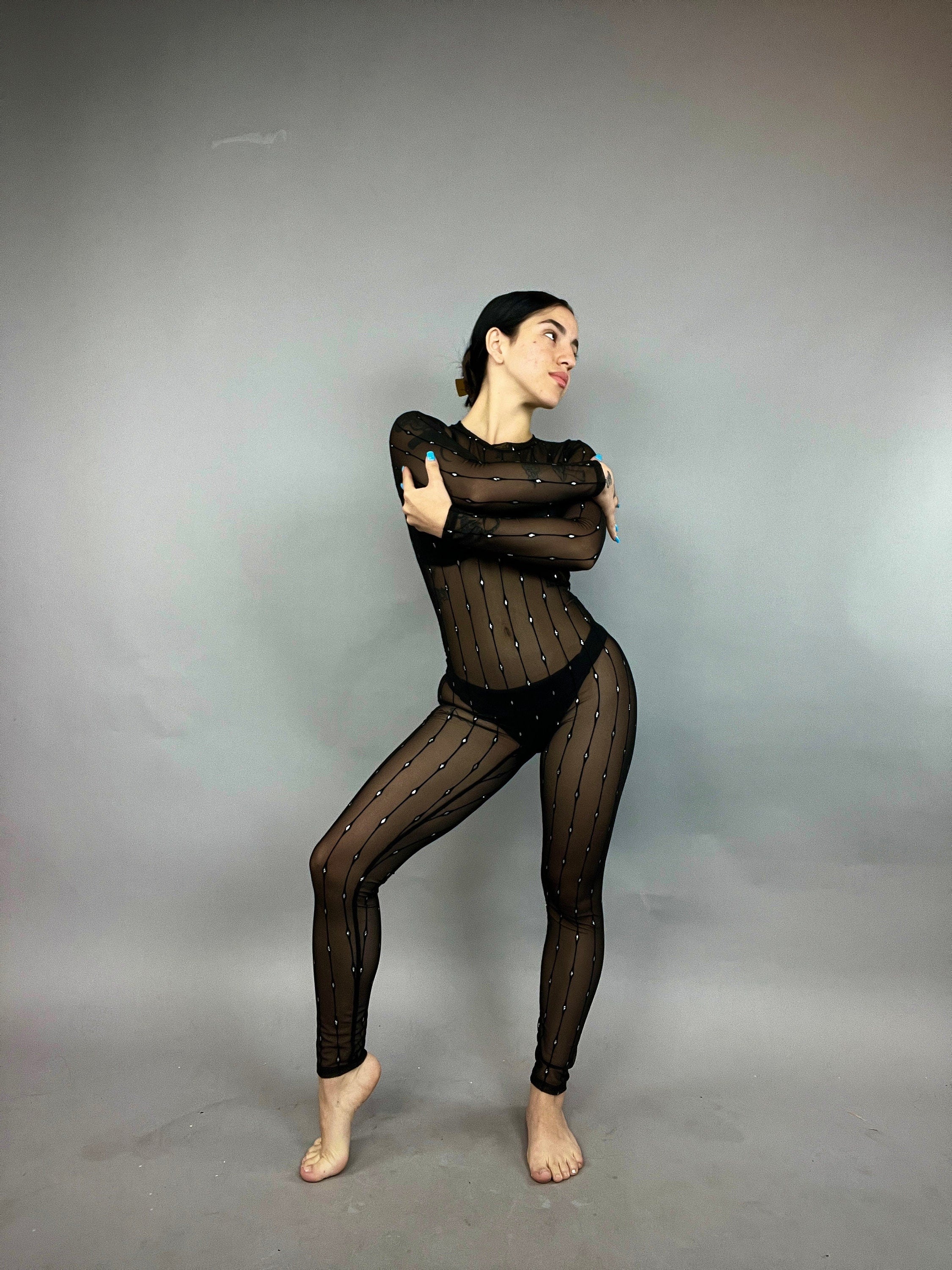 Black Sheer Mesh Catsuit, Long Sleeve Crew Neck Jumpsuit, Performance Unitard - Image 3