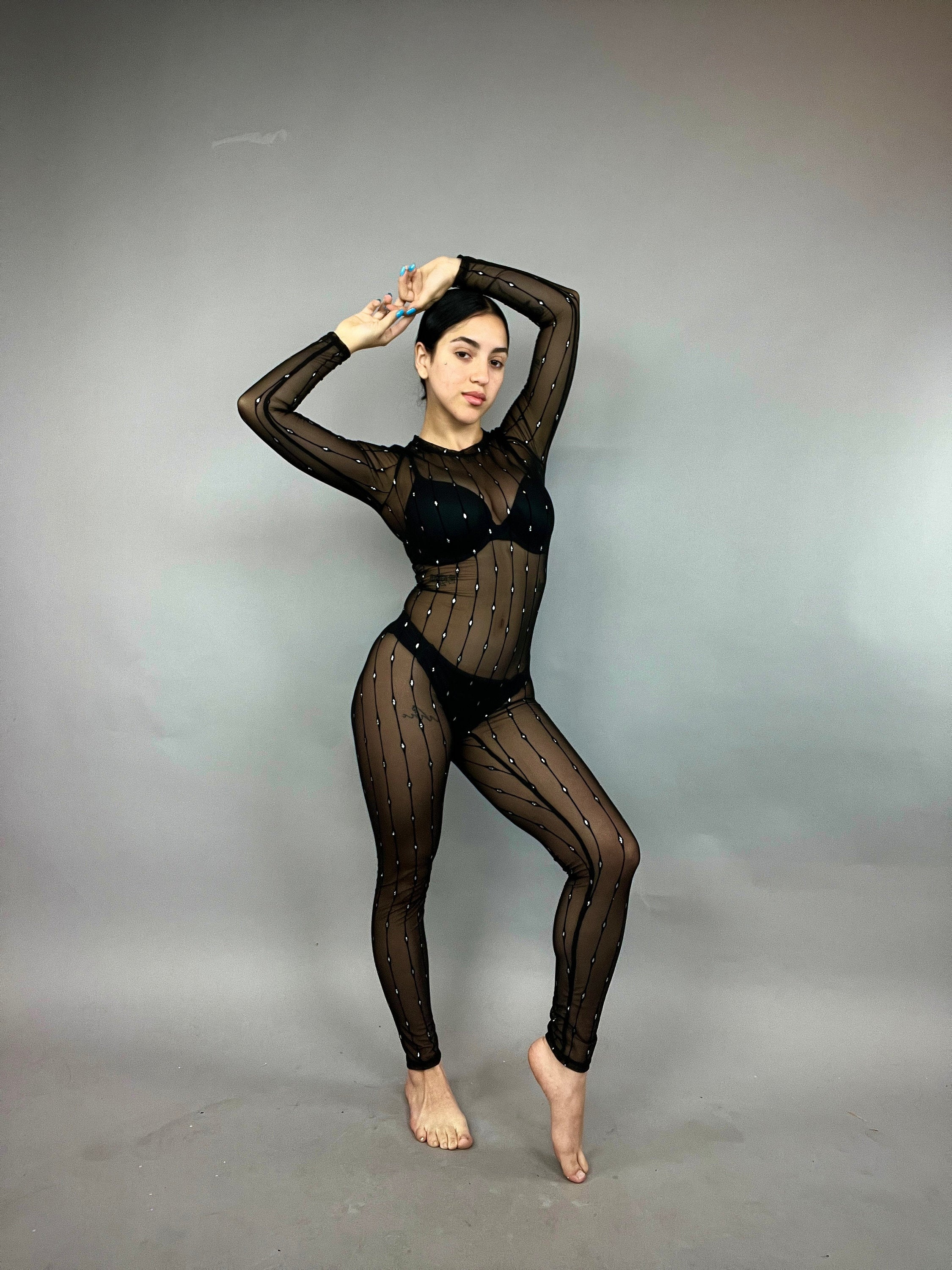 Black Sheer Mesh Catsuit, Long Sleeve Crew Neck Jumpsuit, Performance Unitard - Image 5