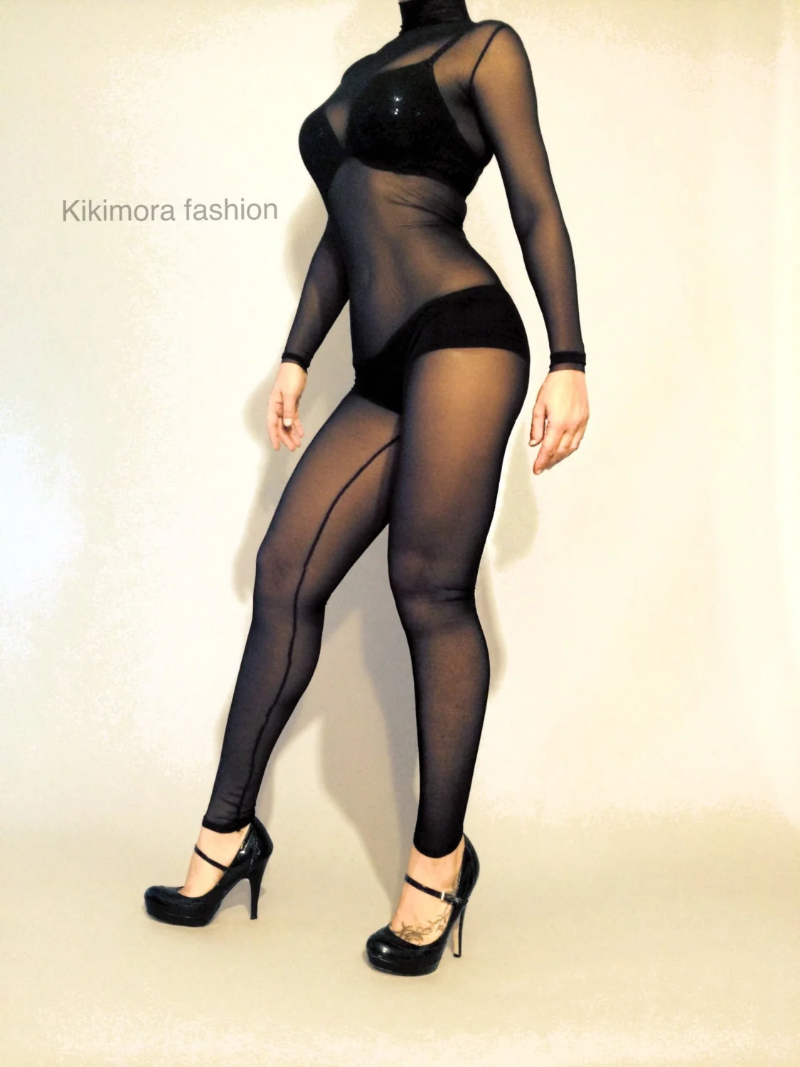Black Sheer Catsuit Bodysuit, Full Sleeves, Turtleneck - Image 5