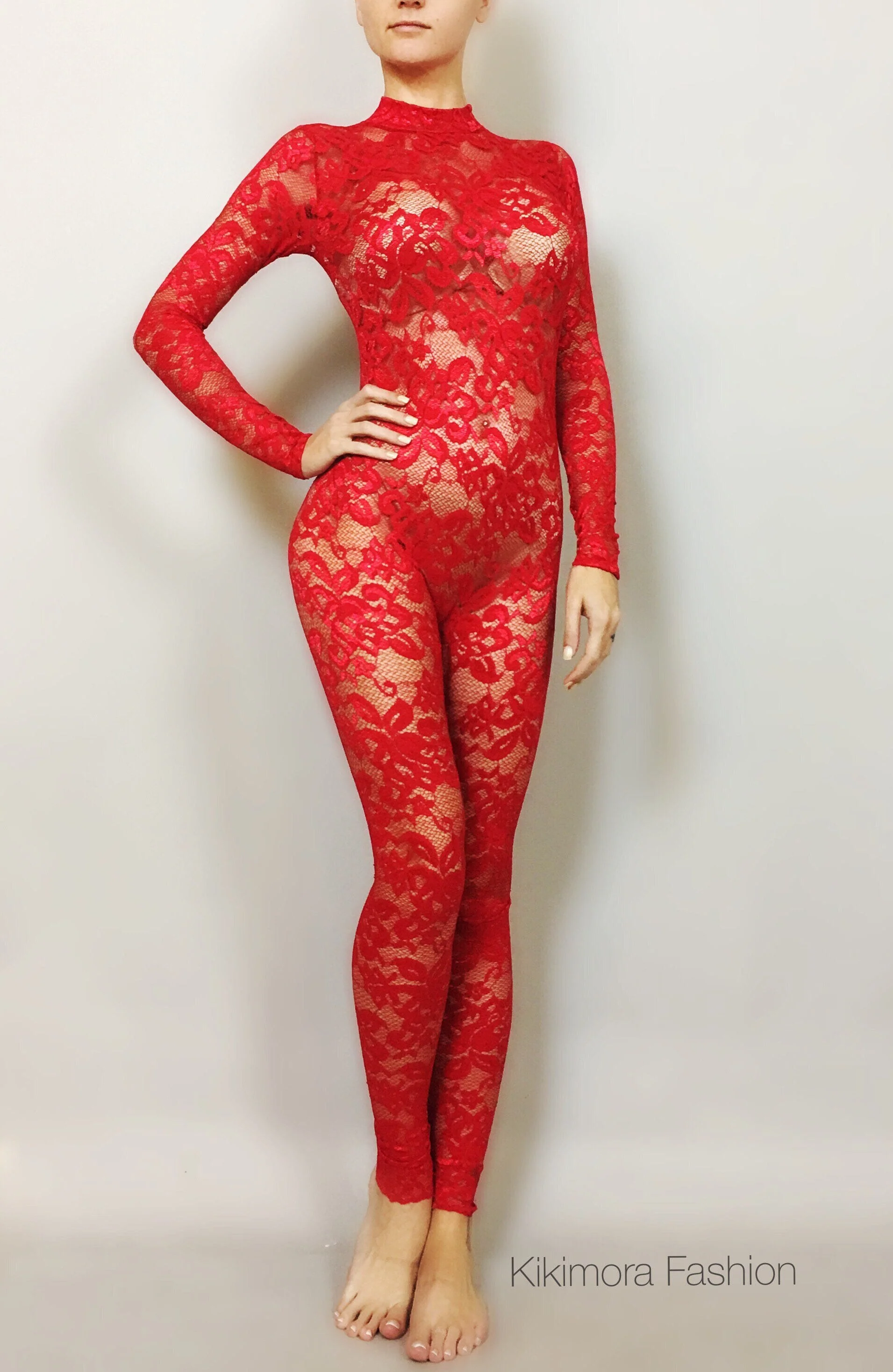 Red Lace Jumpsuit, Scoop Neck, Full Sleeves - Image 5