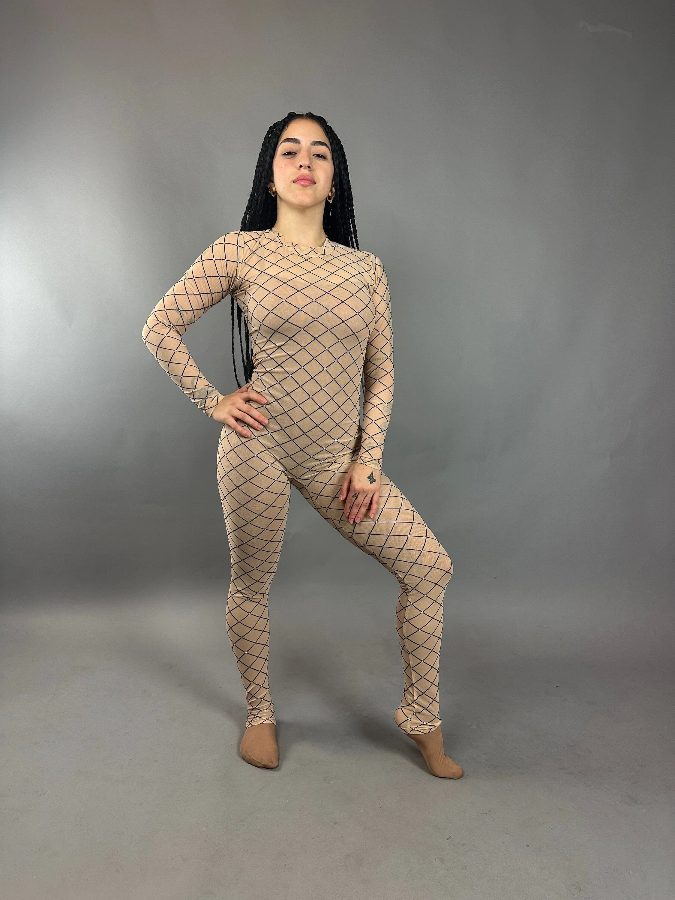 Sheer Nude Catsuit, Crew Neck, Full Sleeves - Image 6