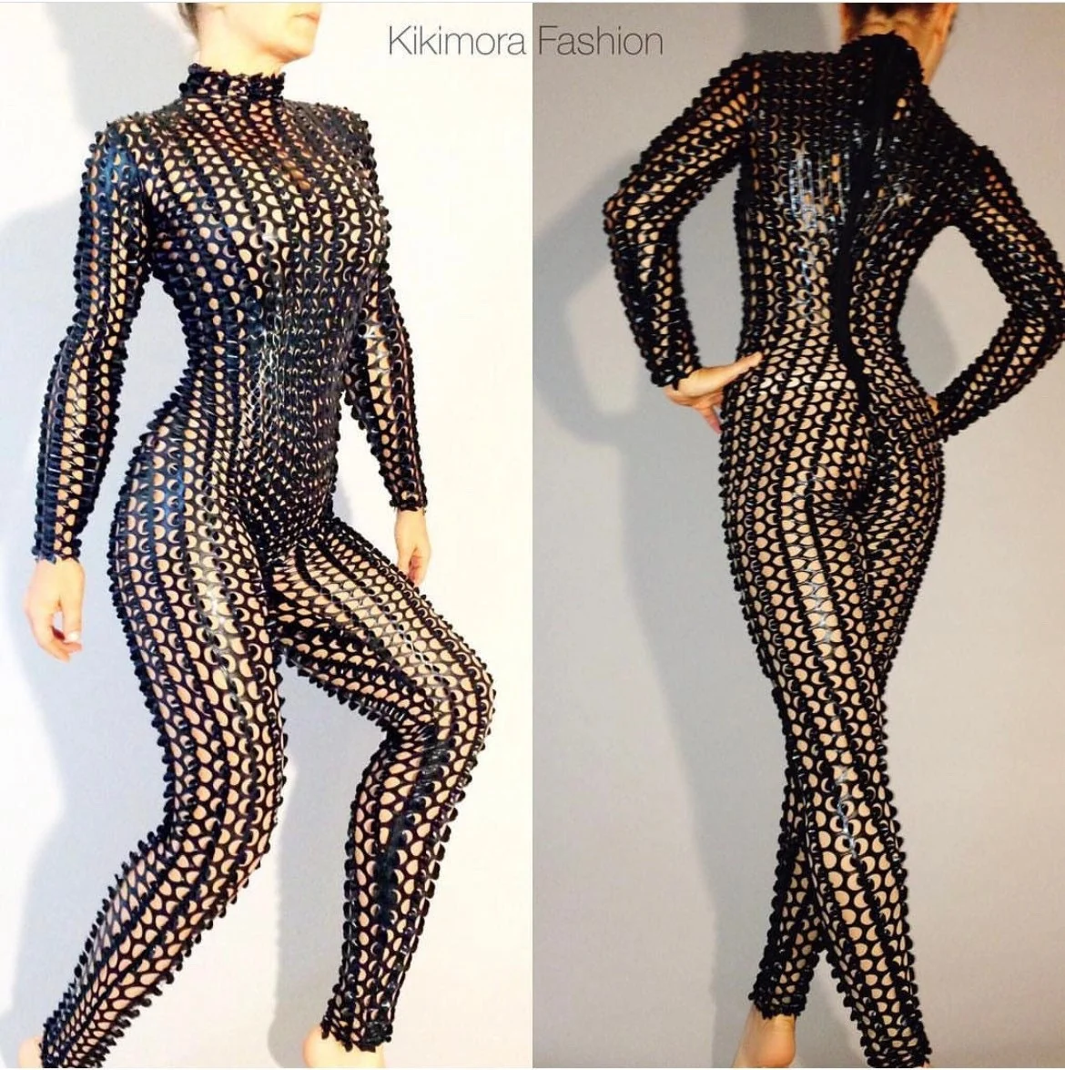 Black Cutout Jumpsuit, Sheer Net Catsuit, Long Sleeve Bodysuit, Circus Costume, Exotic Dancewear, Spandex Unitard - Image 5