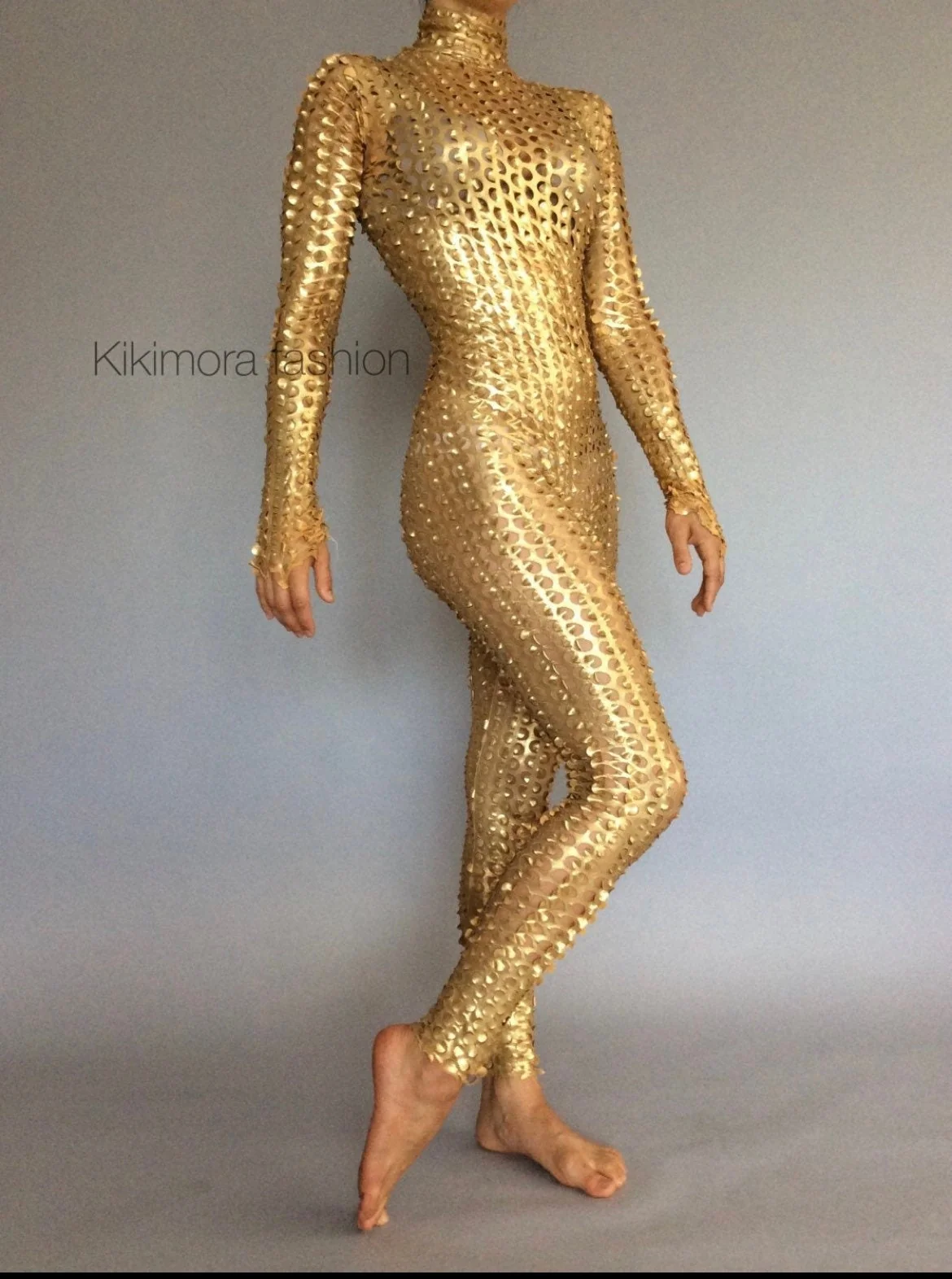 Black Cutout Jumpsuit, Sheer Net Catsuit, Long Sleeve Bodysuit, Circus Costume, Exotic Dancewear, Spandex Unitard - Image 7