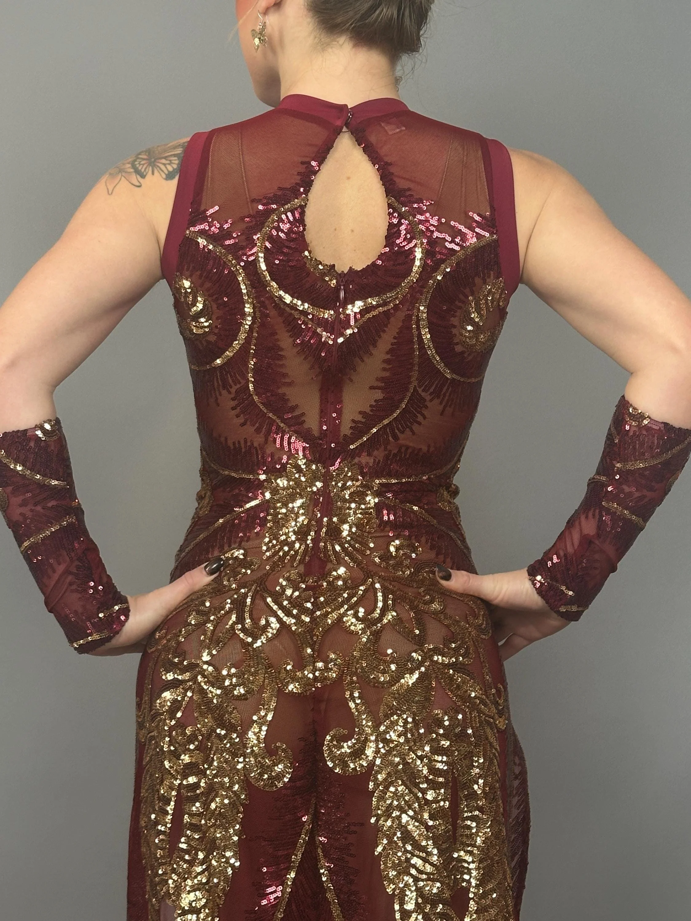 Burgundy Sheer Mesh Dress with Gold Sequins, Sleeveless Double Slit Performance Gown and Arm Accessories - Image 3