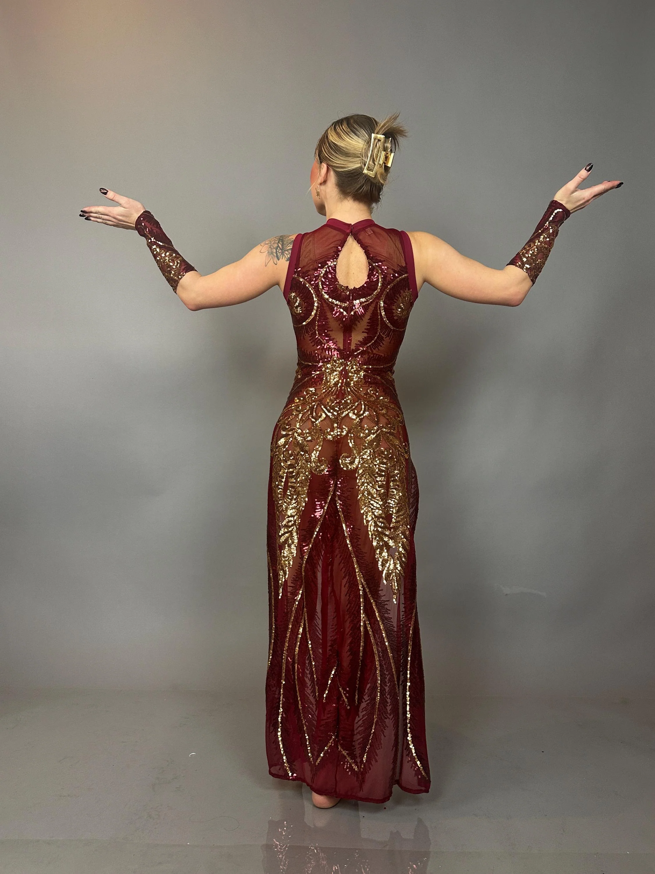 Burgundy Sheer Mesh Dress with Gold Sequins, Sleeveless Double Slit Performance Gown and Arm Accessories - Image 4