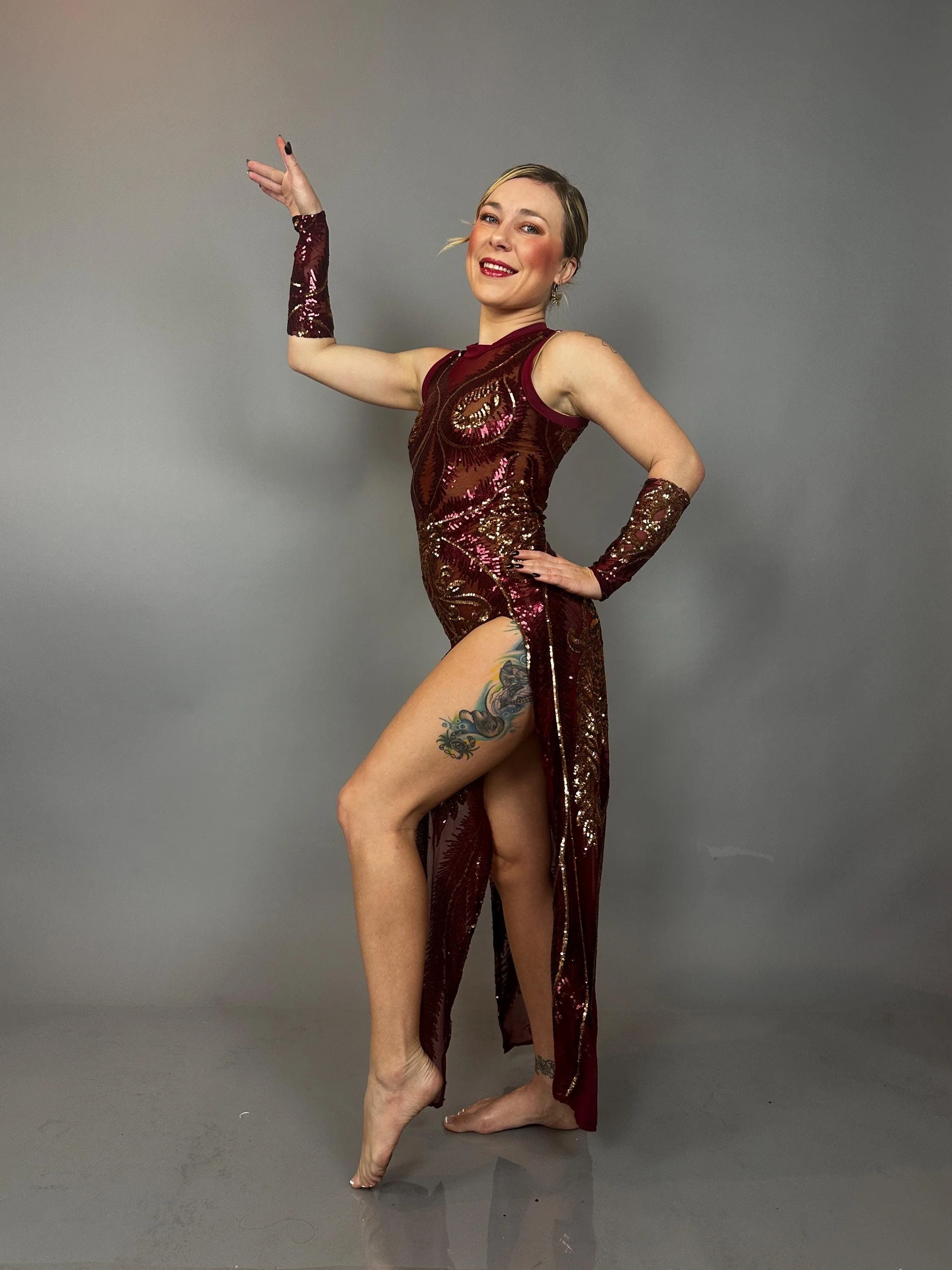 Burgundy Sheer Mesh Dress with Gold Sequins, Sleeveless Double Slit Performance Gown and Arm Accessories - Image 5